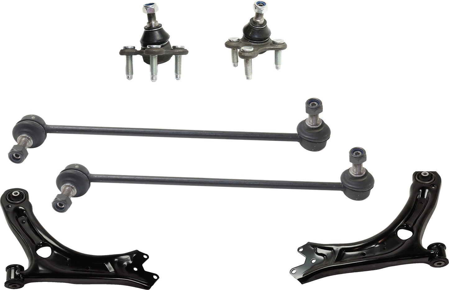 6-Piece Kit Front, Driver and Passenger Side Control Arm, includes (2)Ball Joint, (2)Control Arm and (2)Sway Bar Link