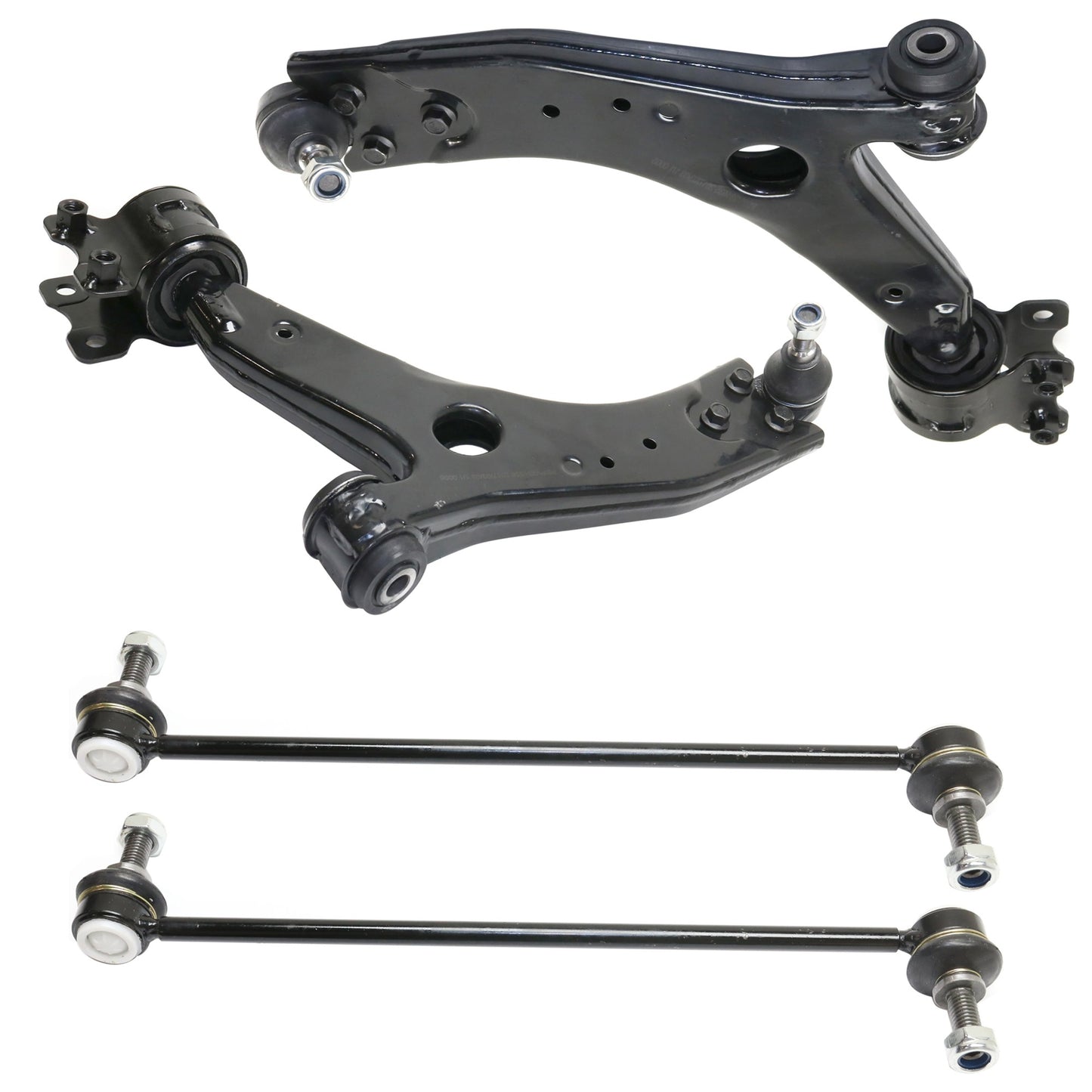 4-Piece Kit Front, Driver and Passenger Side, Lower Control Arm, includes (2)Control Arm and (2)Sway Bar Link