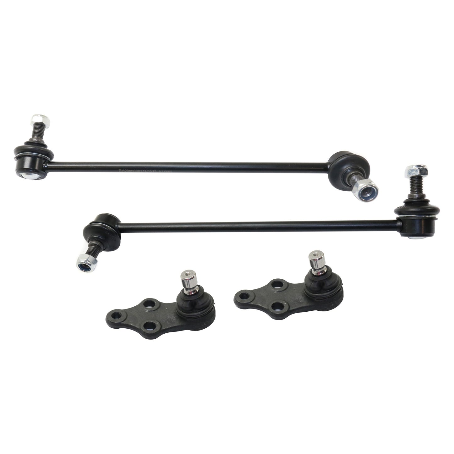 4-Piece Kit Front, Driver and Passenger Side, Lower Ball Joint, includes (2)Ball Joint and (2)Sway Bar Link