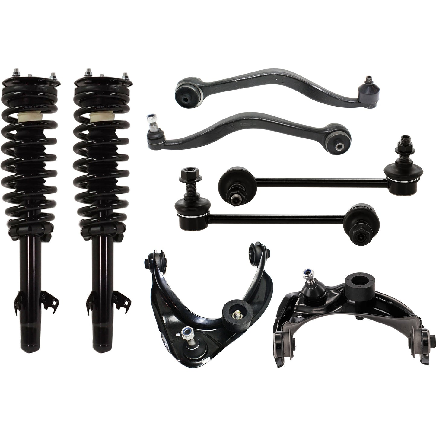 8-Piece Kit Front, Driver and Passenger Side Fully Loaded Strut, Includes (4) Control Arm, (2) Sway Bar Link and (2) Shock Absorber and Strut Assembly