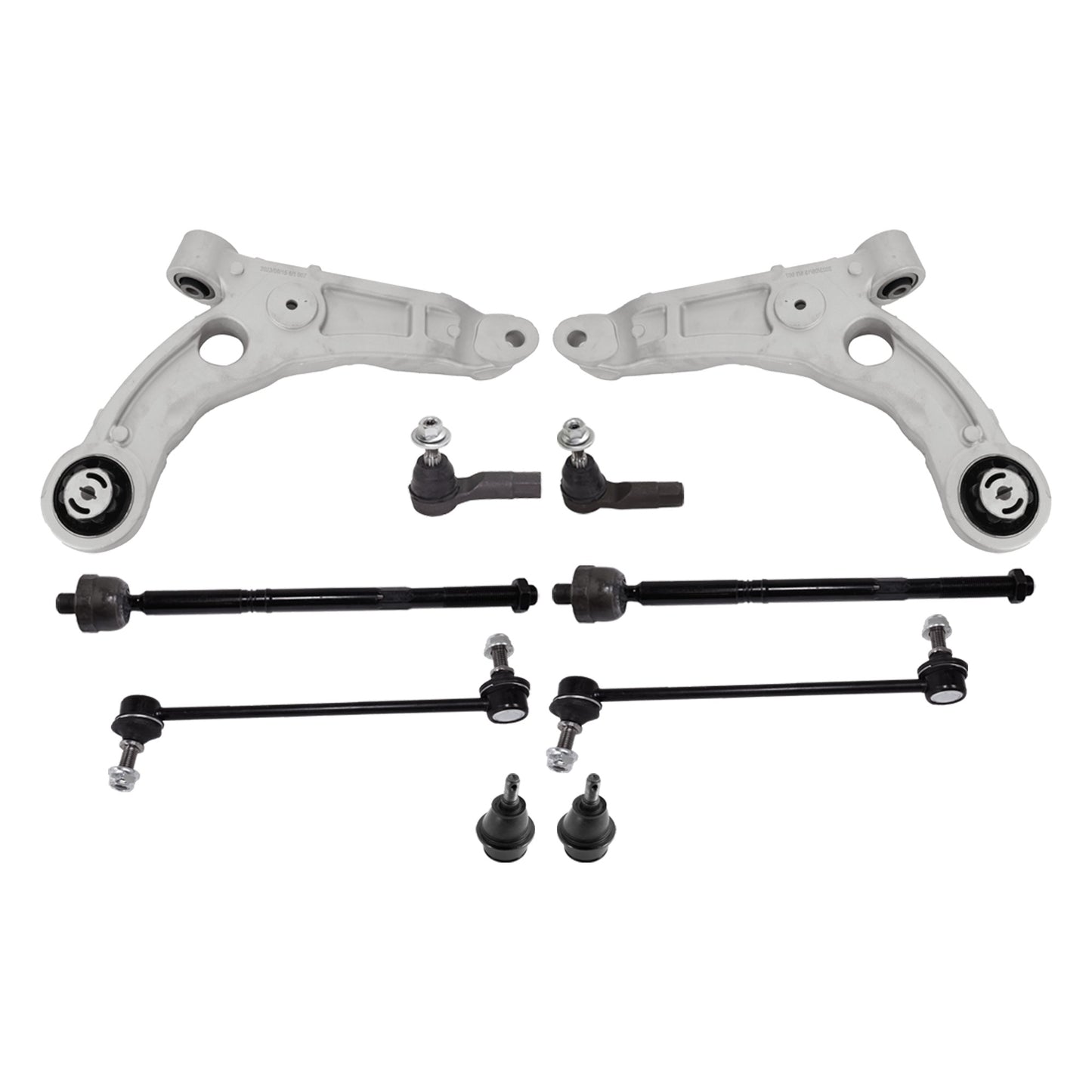 10-Piece Kit Front, Driver and Passenger Side, Lower Control Arm, includes (4)Tie Rod End, (2)Ball Joint, (2)Control Arm and (2)Sway Bar Link