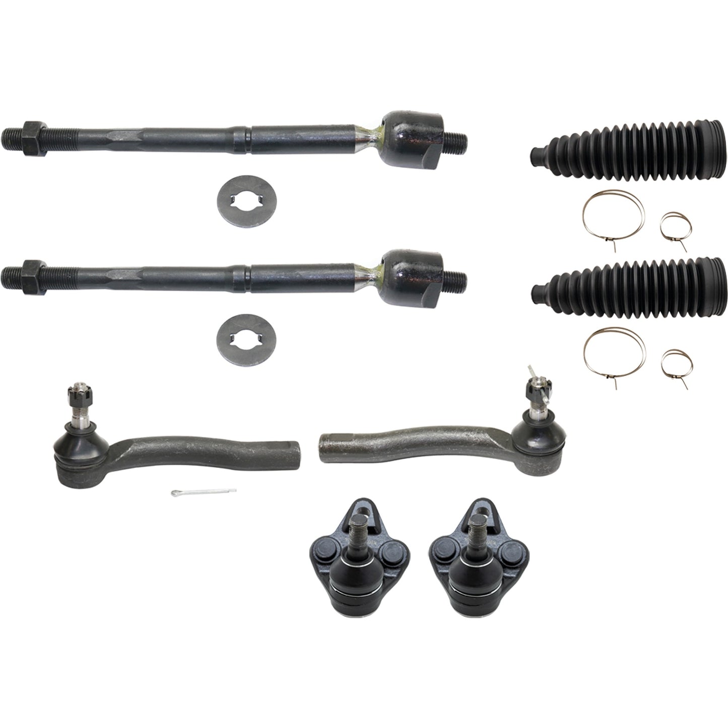 8-Piece Kit Front, Driver and Passenger Side, Lower Ball Joint, includes (4)Tie Rod End, (2)Ball Joint and (2)Steering Rack Boot