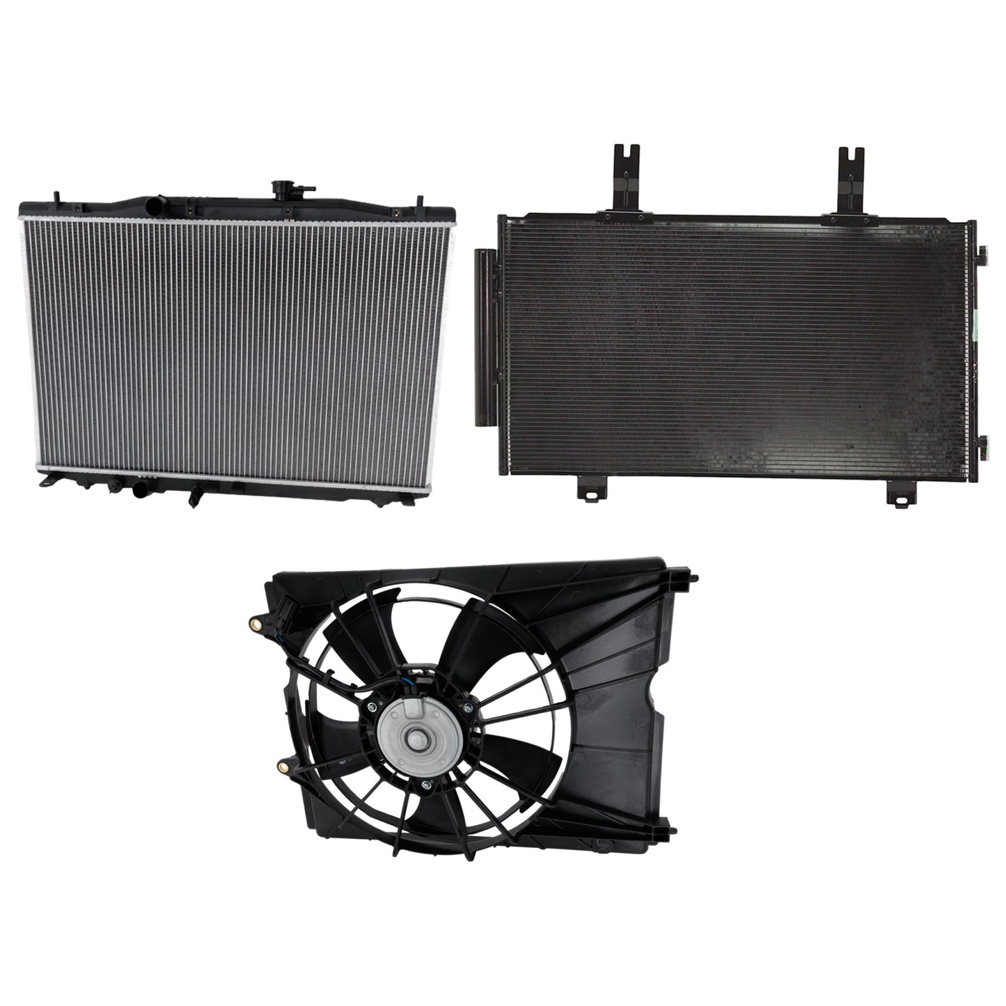 3-Piece Kit A/C Condenser, 2.0L, 4Cyl, Includes (1) A/C Condenser, (1) Cooling Fan Assembly and (1) Radiator