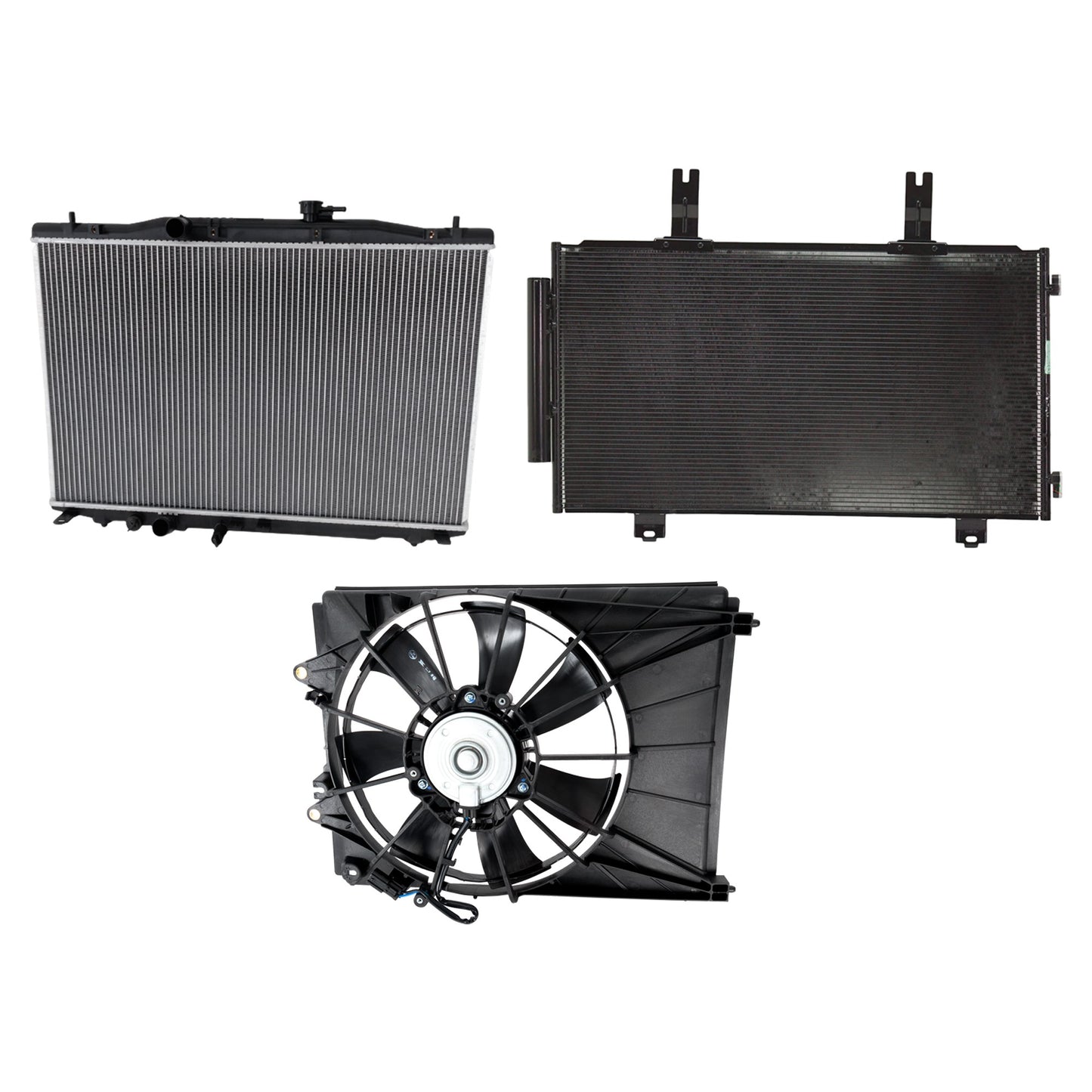 3-Piece Kit A/C Condenser, 2.0L, 4Cyl, Includes (1) A/C Condenser, (1) Cooling Fan Assembly and (1) Radiator