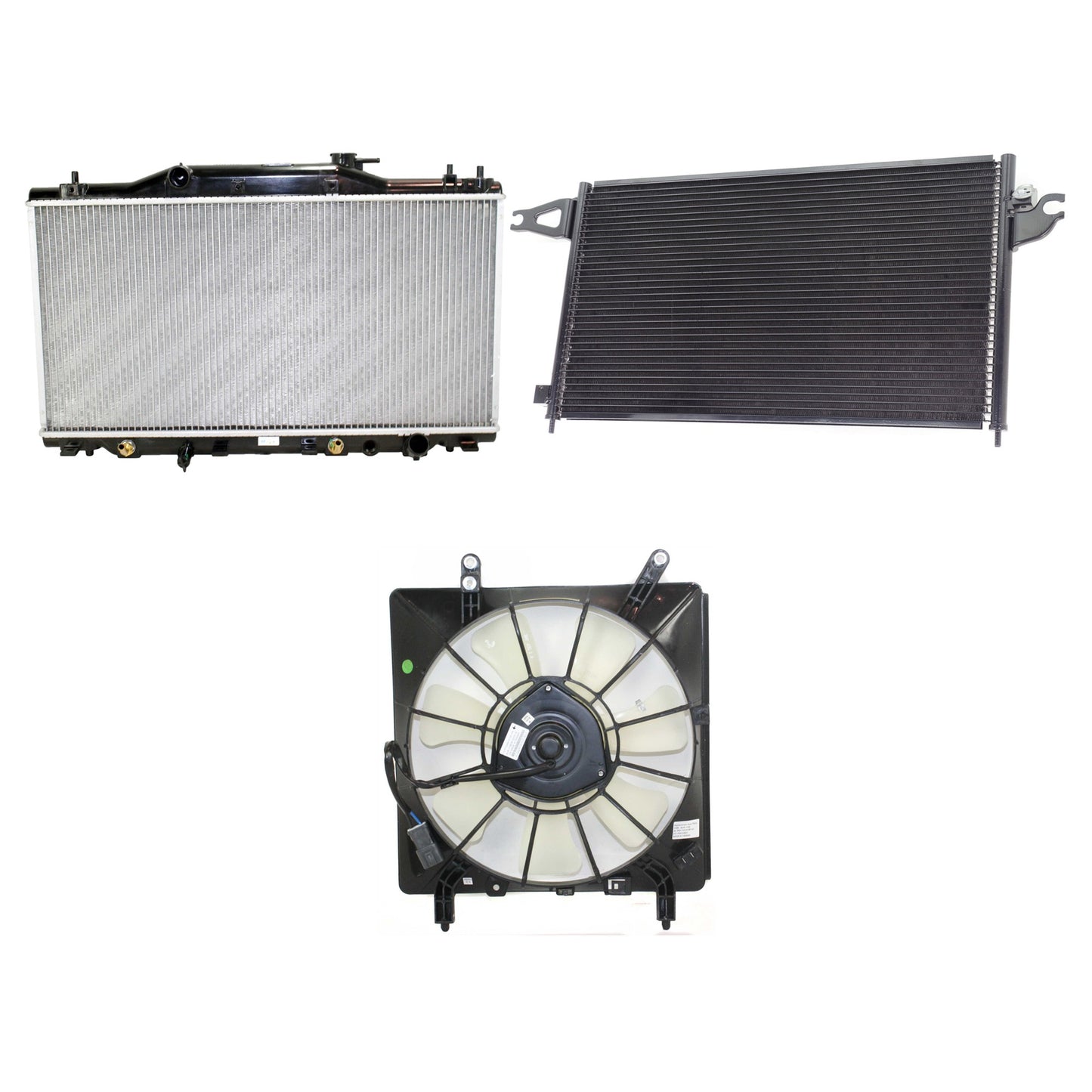 3-Piece Kit A/C Condenser, 2.0L, 4Cyl, Includes (1) A/C Condenser, (1) Cooling Fan Assembly and (1) Radiator