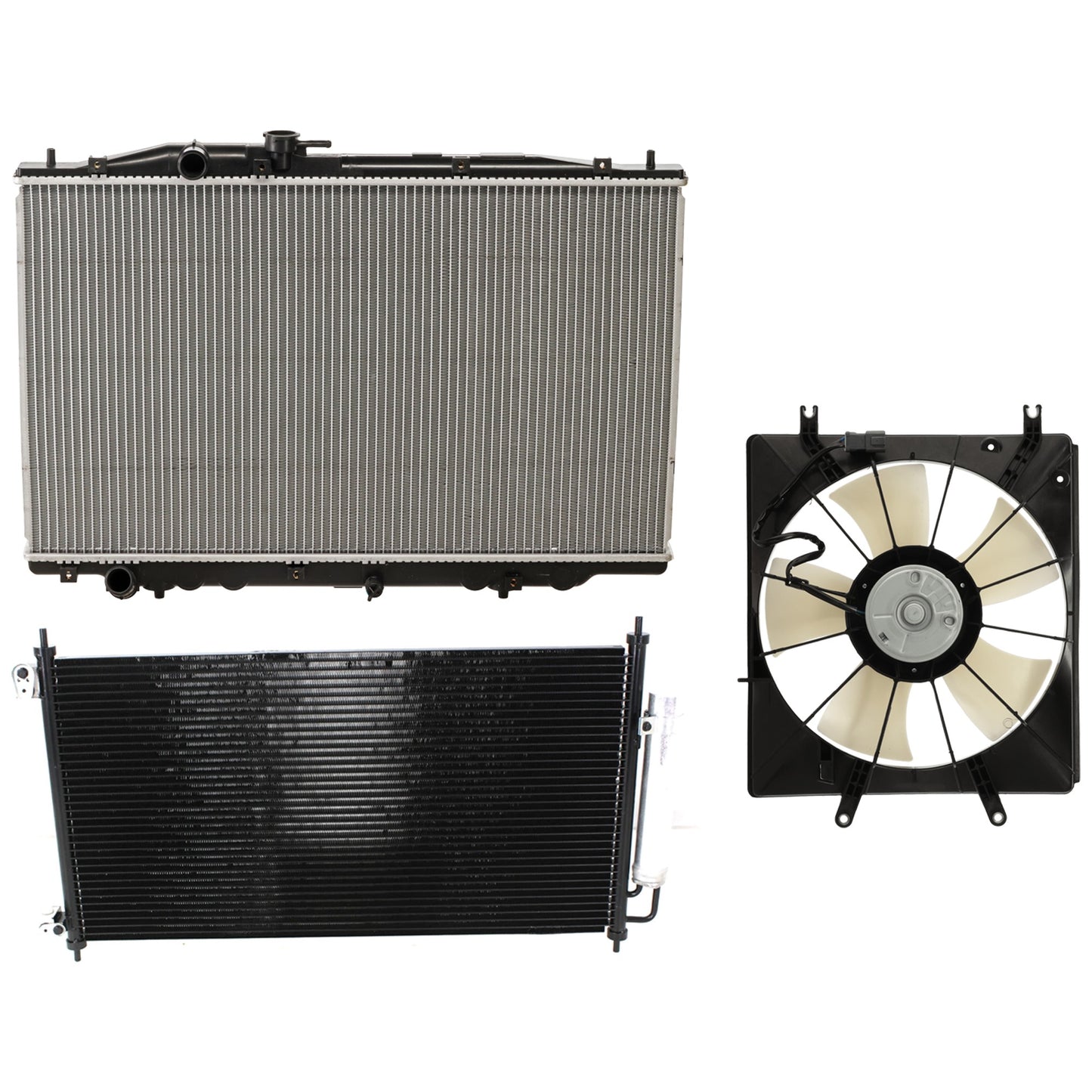 3-Piece Kit A/C Condenser, 3.2L, 6Cyl, Includes (1) A/C Condenser, (1) Cooling Fan Assembly and (1) Radiator