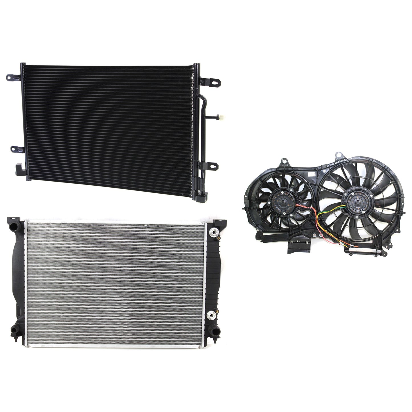 3-Piece Kit A/C Condenser, Includes (1) A/C Condenser, (1) Cooling Fan Assembly and (1) Radiator
