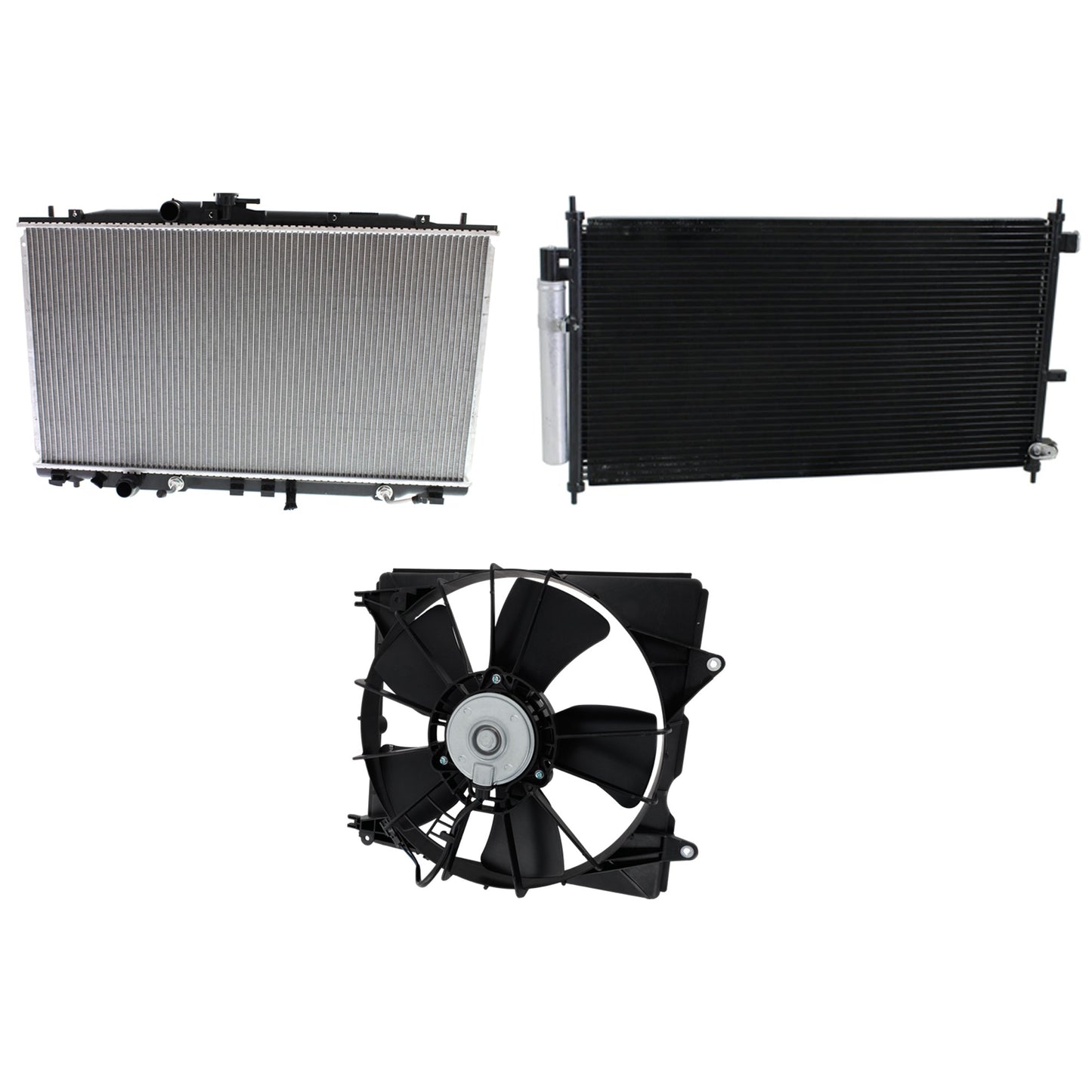 3-Piece Kit A/C Condenser, 2.3L, 4Cyl, Includes (1) A/C Condenser, (1) Cooling Fan Assembly and (1) Radiator