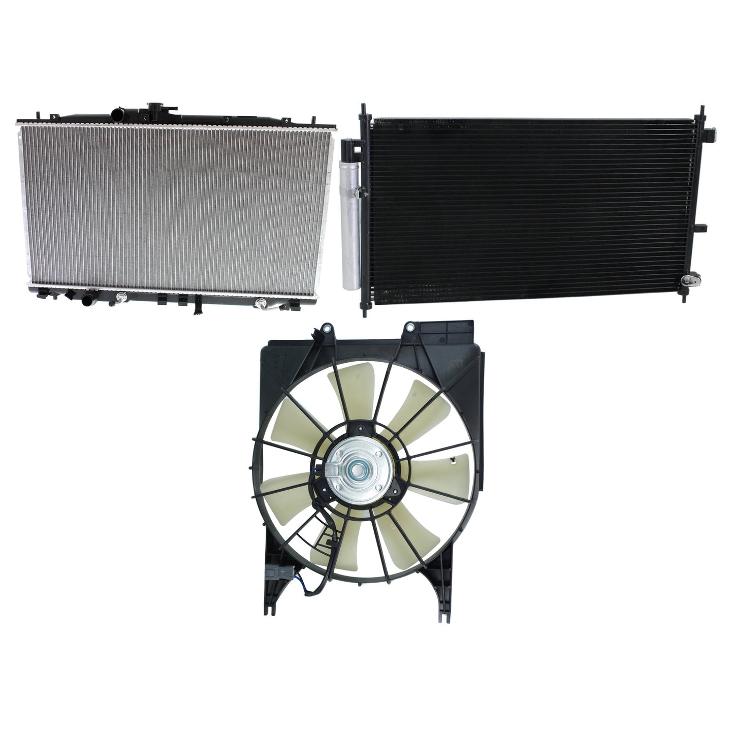 3-Piece Kit A/C Condenser, 2.3L, 4Cyl, Includes (1) A/C Condenser, (1) Cooling Fan Assembly and (1) Radiator