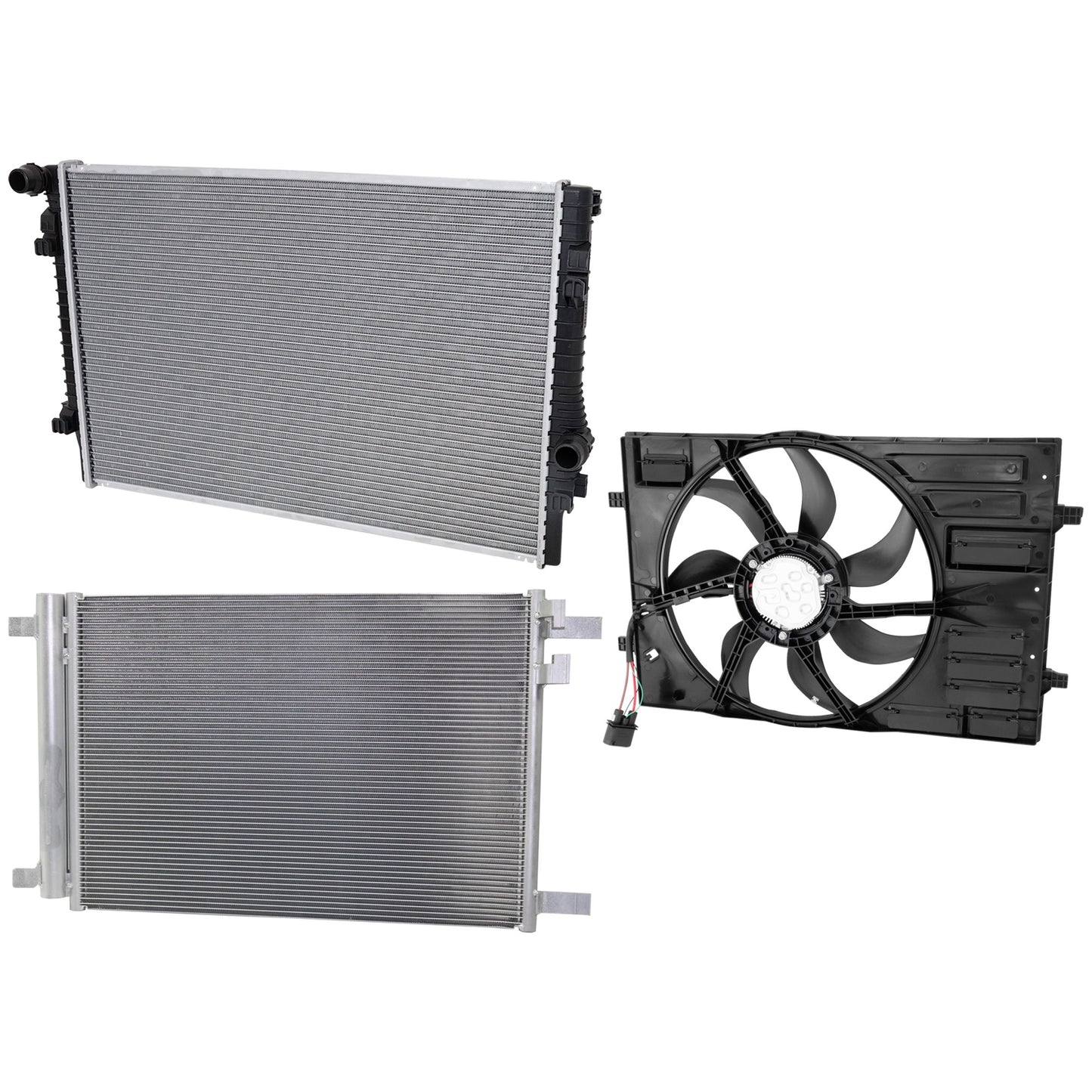 3-Piece Kit A/C Condenser, Includes (1) A/C Condenser, (1) Cooling Fan Assembly and (1) Radiator