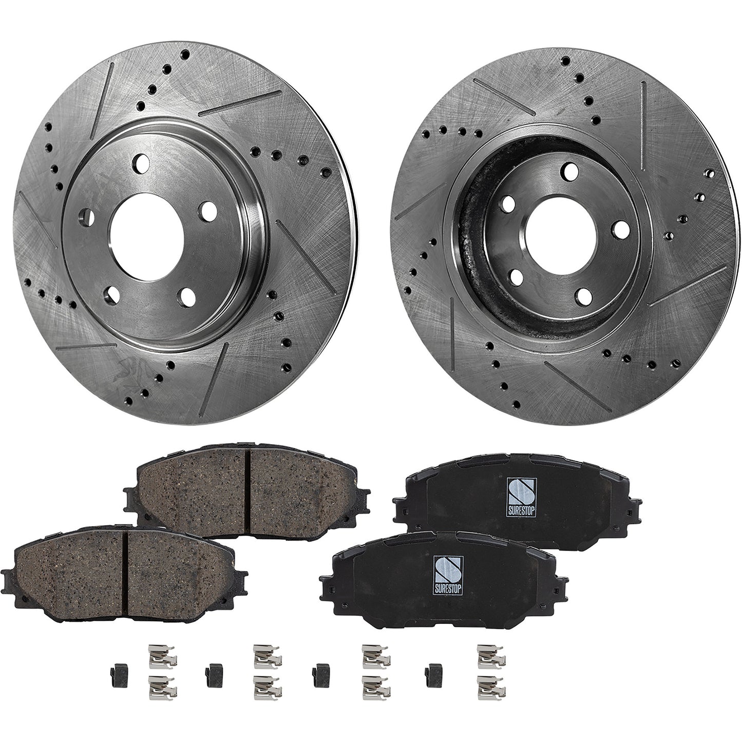2-Wheel Set Front Brake Disc and Pad Kit, Cross-drilled and Slotted 5 Lugs 275 mm, Includes (1) Brake Pad Set and (2) Brake Disc