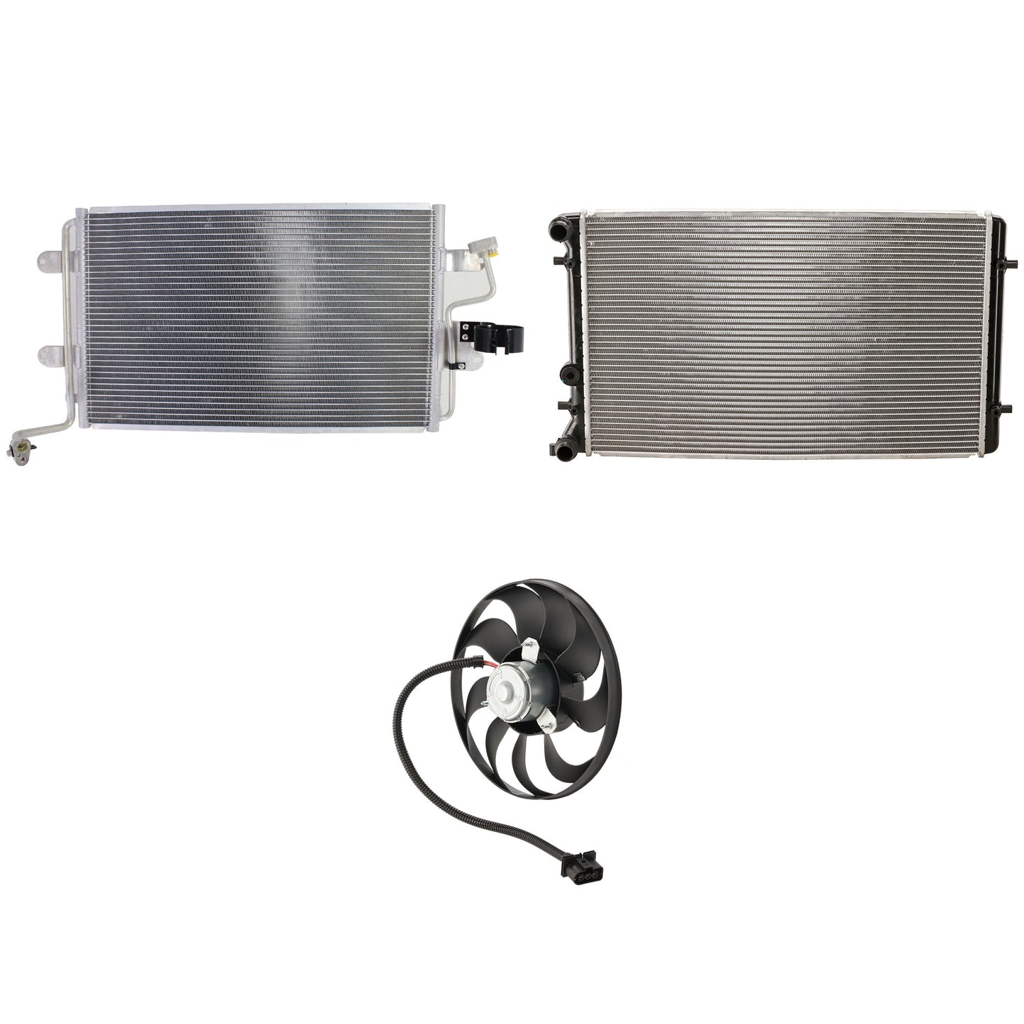 3-Piece Kit A/C Condenser, includes (1) A/C Condenser, (1) Cooling Fan Assembly and (1) Radiator