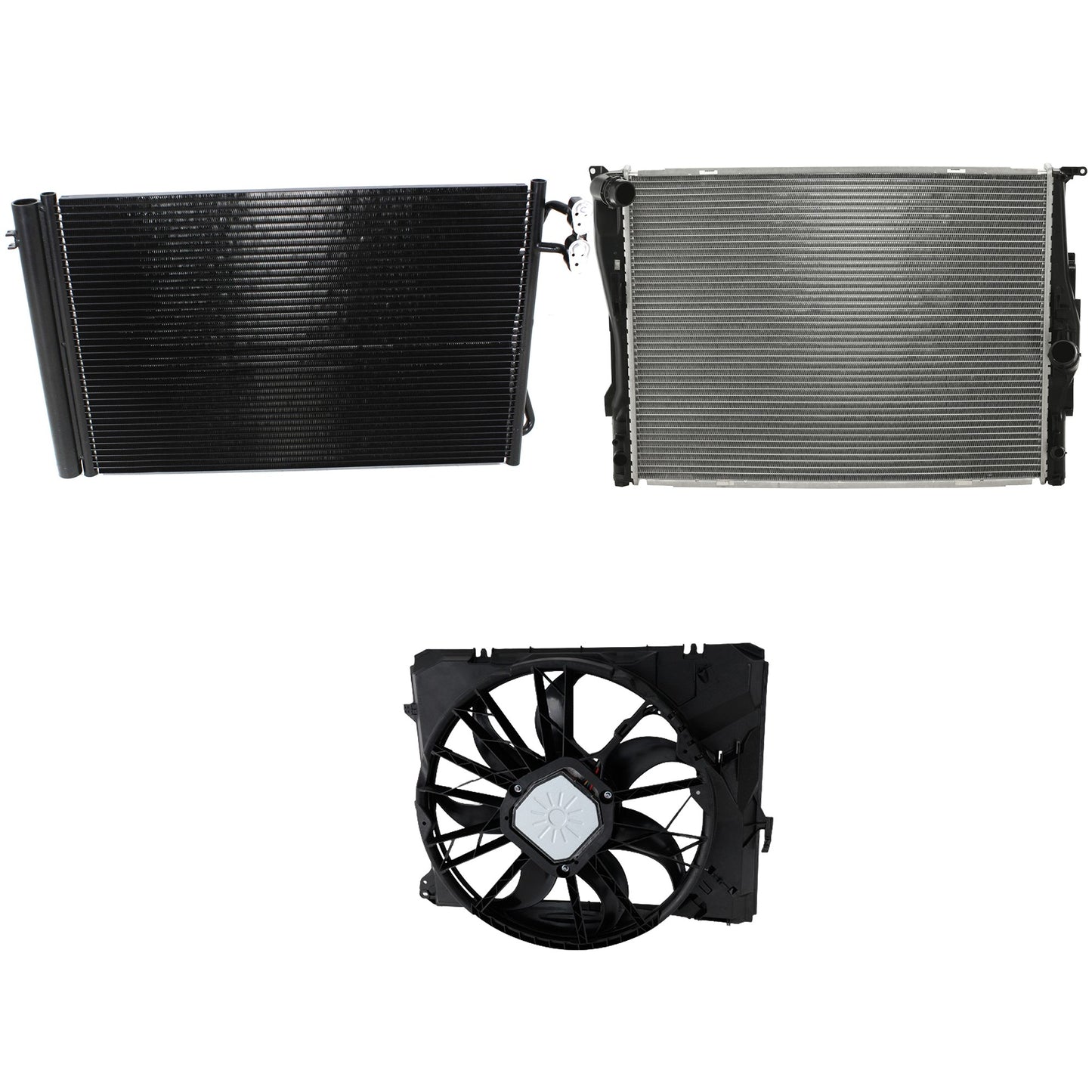 3-Piece Kit A/C Condenser, 3.0L, 6Cyl, Includes (1) A/C Condenser, (1) Cooling Fan Assembly and (1) Radiator