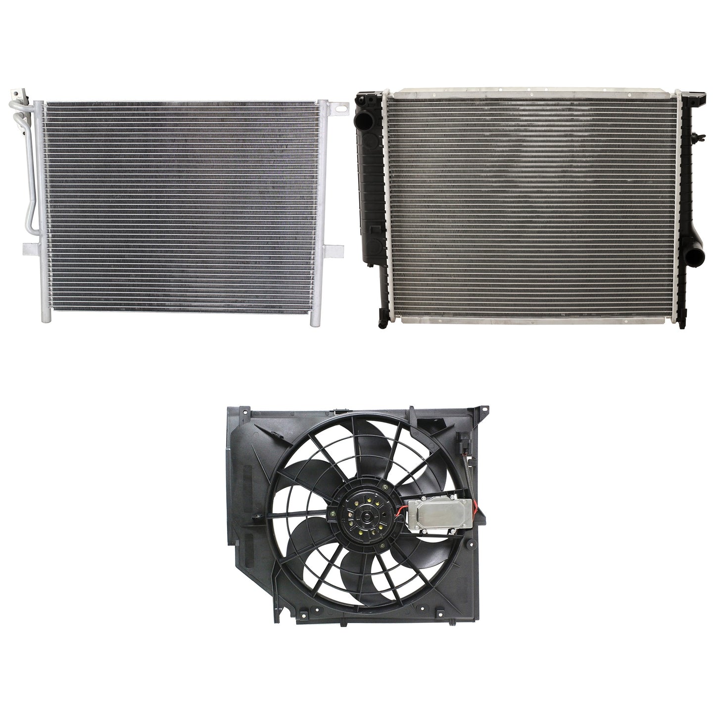3-Piece Kit A/C Condenser, Includes (1) A/C Condenser, (1) Cooling Fan Assembly and (1) Radiator