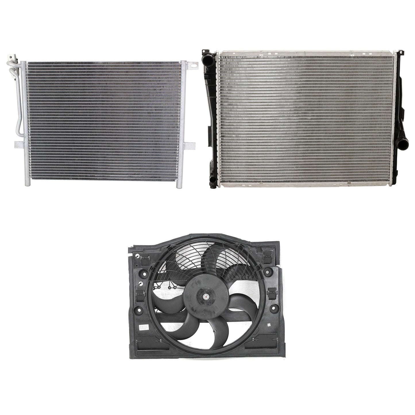 3-Piece Kit A/C Condenser, Includes (1) A/C Condenser, (1) Cooling Fan Assembly and (1) Radiator
