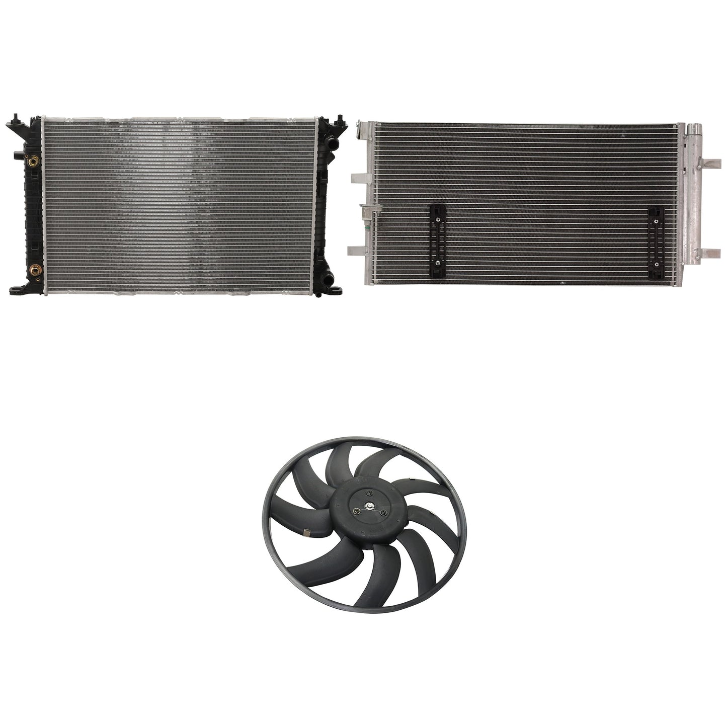 3-Piece Kit A/C Condenser, 2.0L, 4Cyl, Includes (1) A/C Condenser, (1) Cooling Fan Assembly and (1) Radiator