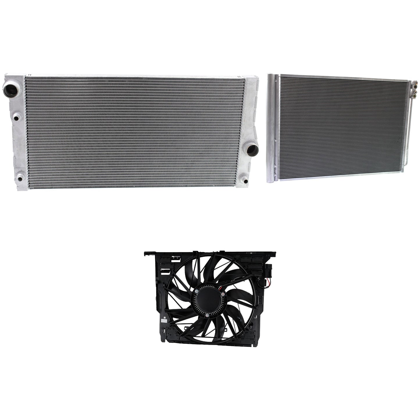 3-Piece Kit A/C Condenser, 3.0L, 6Cyl, Includes (1) A/C Condenser, (1) Cooling Fan Assembly and (1) Radiator
