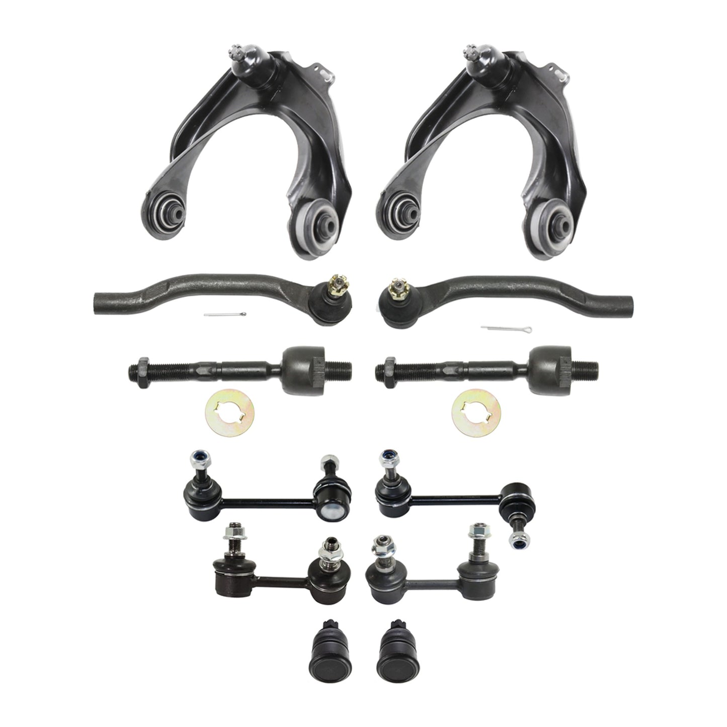 12-Piece Kit Front, Driver and Passenger Side, Upper Control Arms, Includes (2) Ball Joint, (2) Control Arm, (4) Sway Bar Link, and (4) Tie Rod End