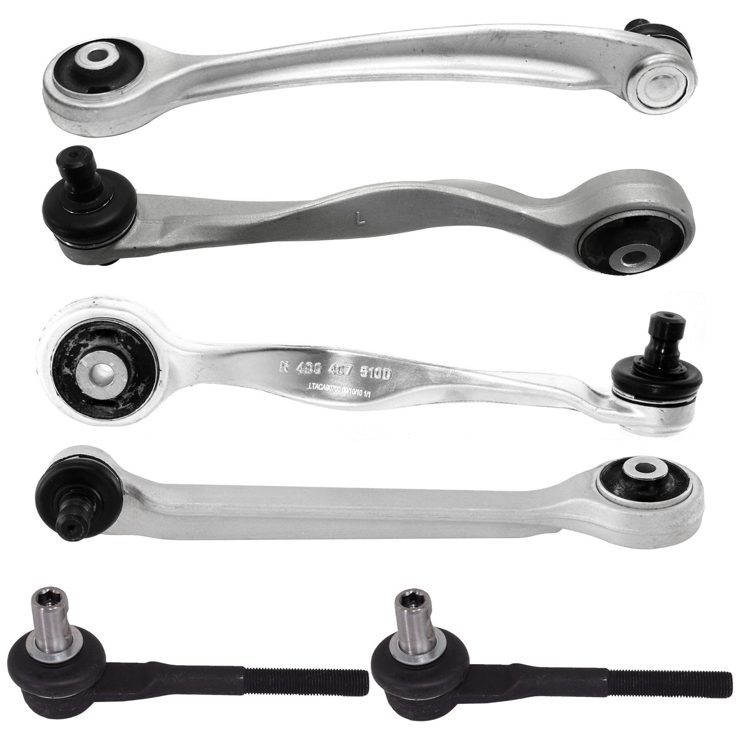 6-Piece Kit Front, Driver and Passenger Side, Upper, Frontward and Rearward Control Arm, Includes (4) Control Arm and (2) Tie Rod End
