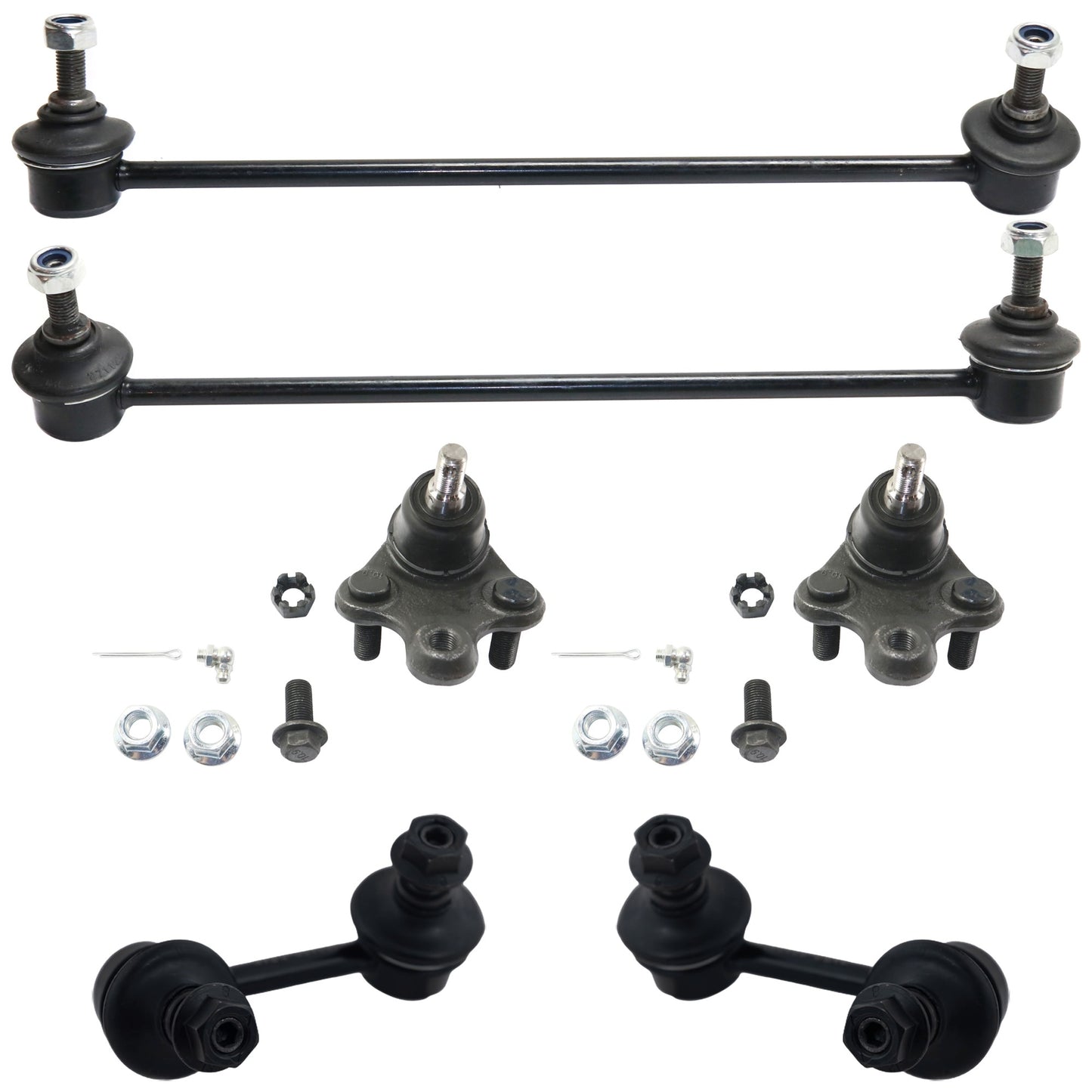 6-Piece Kit Front, Driver and Passenger Side, Lower Ball Joint, includes (2) Ball Joint, (2) Sway Bar Link, and (2) Tie Rod End