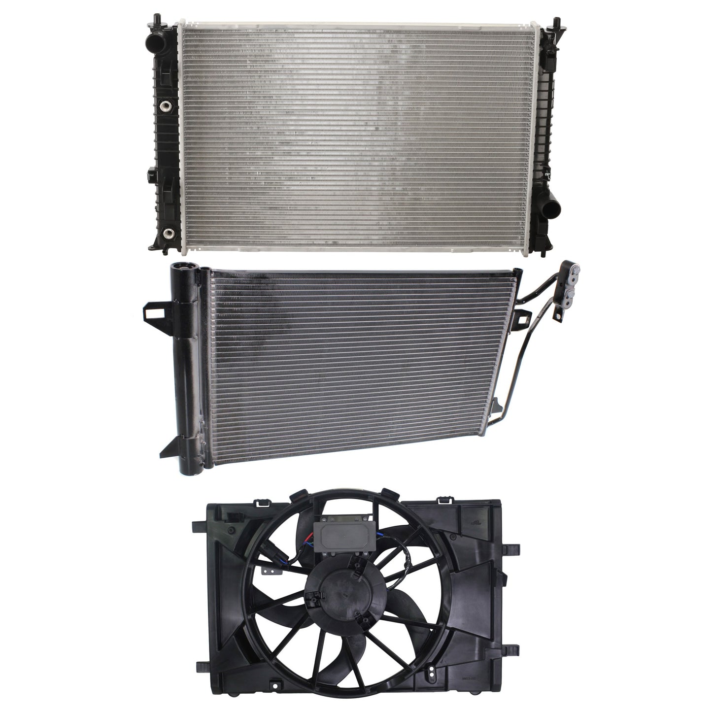 3-Piece Kit Radiator Fan 4 Cyl 2.5L, Single fan, Includes (1) A/C Condenser, (1) Radiator, and (1) Radiator Fan