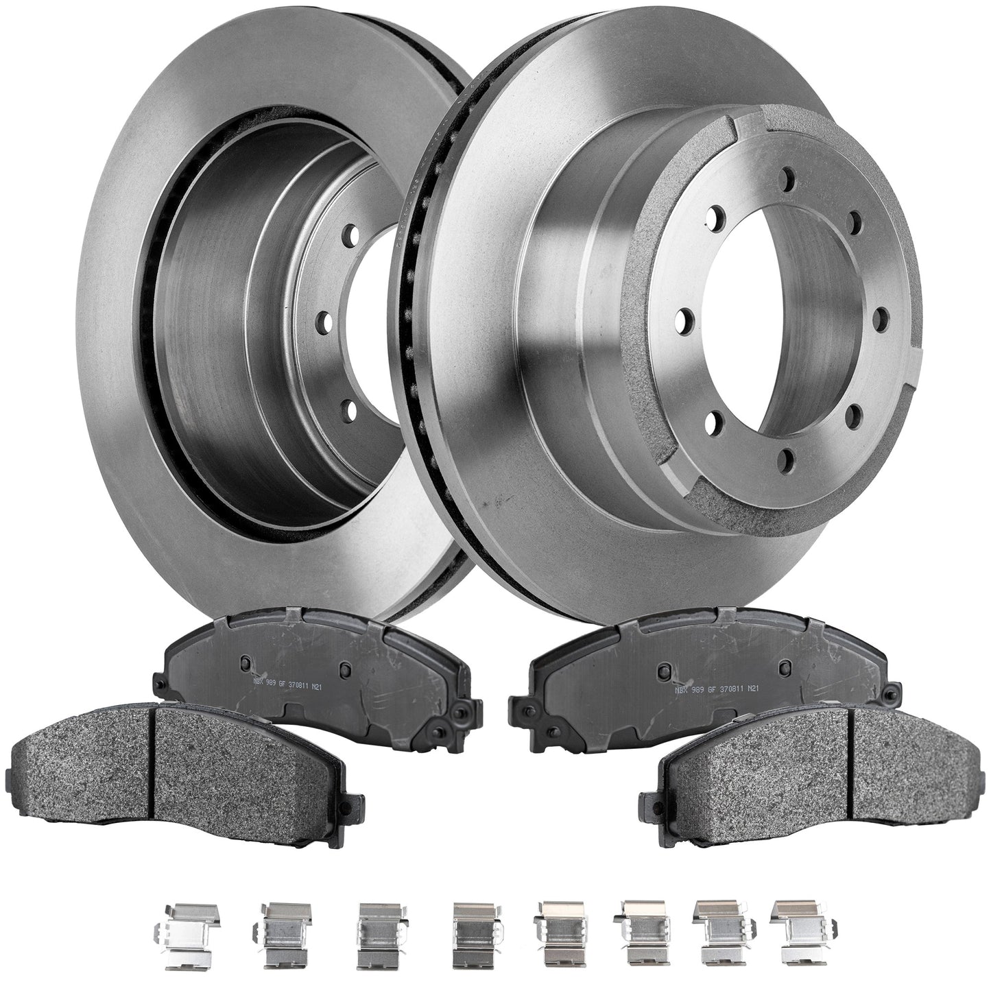 2-Wheel Set Rear Brake Disc and Pad Kit, Plain Surface 8 Lugs 363 mm Semi-metallic Pro-Line Series, Includes (2) Brake Disc and (1) Brake Pad Set