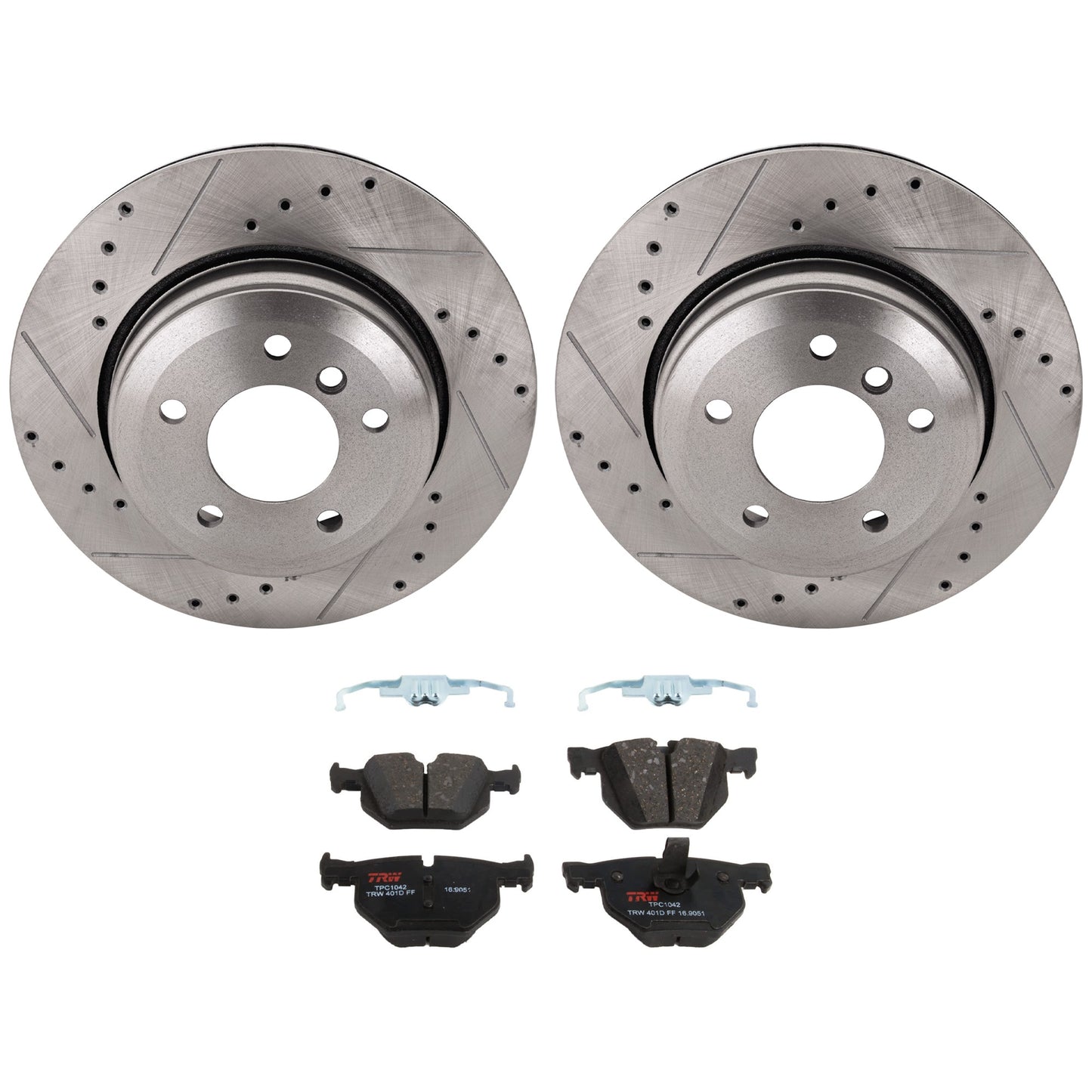 KIT-072524-25 2-Wheel Set Rear Brake Disc and Pad Kit, Cross-drilled and Slotted 5 Lugs 320.04 mm Semi-metallic, Includes (1) Brake Pad Set and (2) Brake Disc