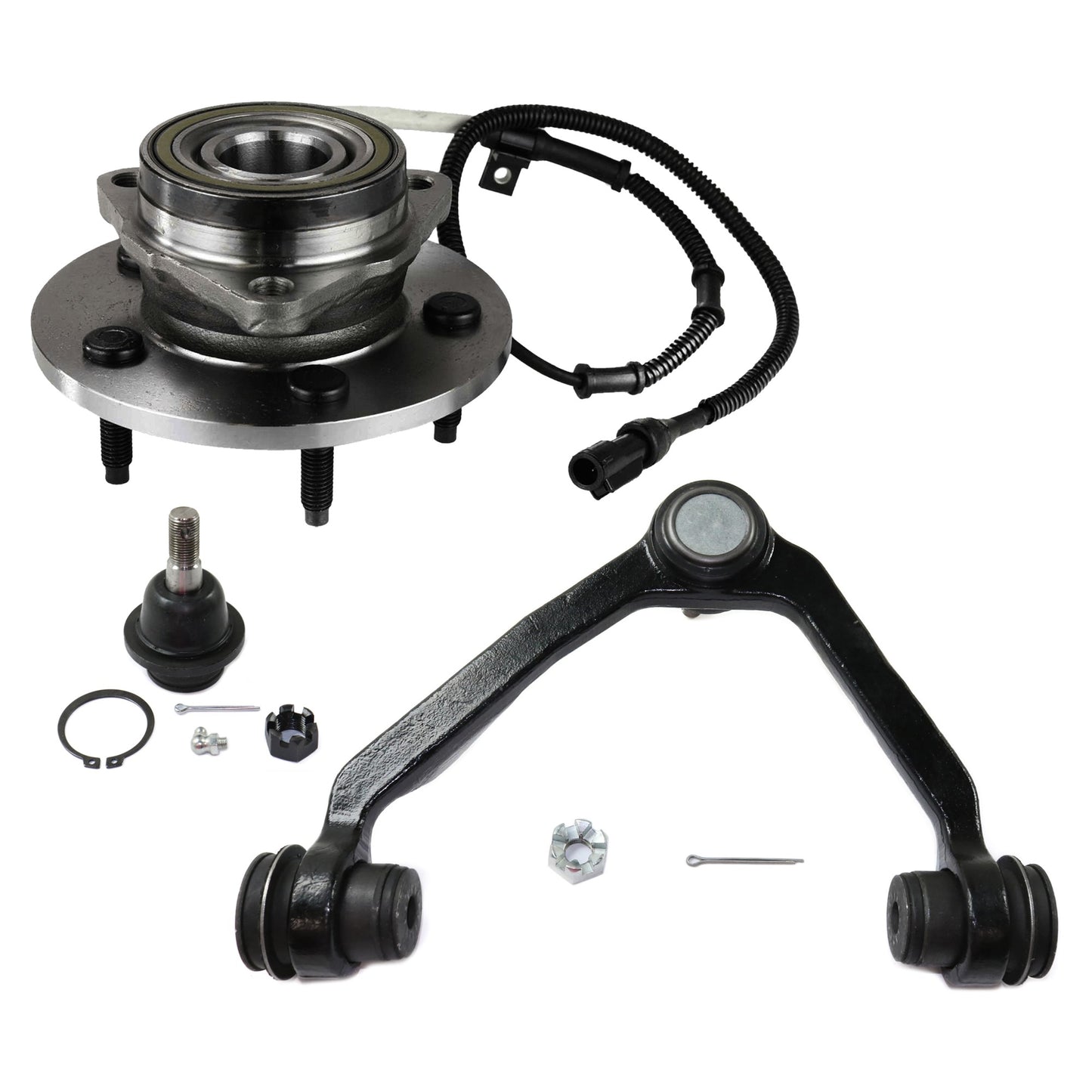 3-Piece Kit Front, Driver and Passenger Side Wheel Hub, Includes (1) Ball Joint, (1) Control Arm, and (1) Wheel Hub