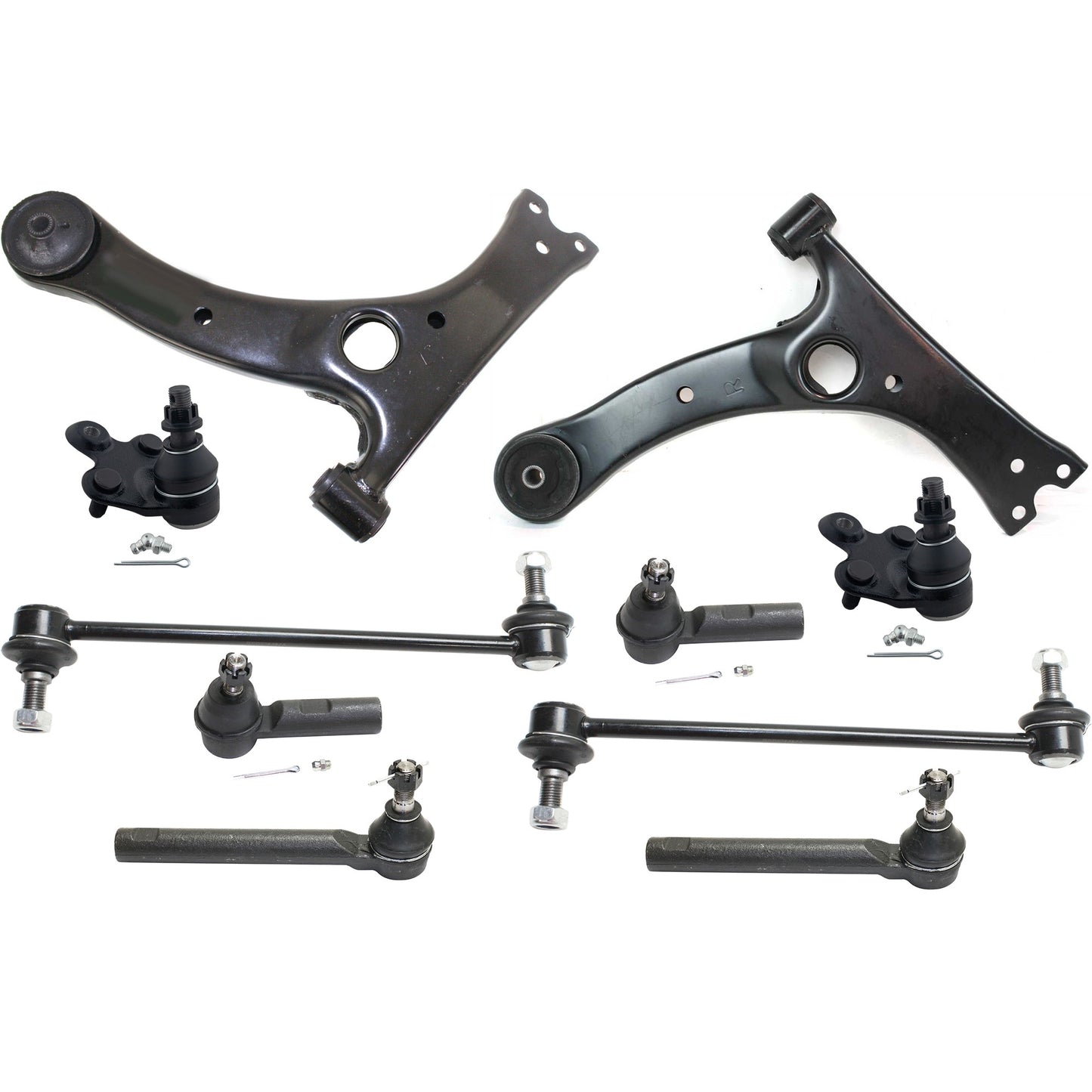 10-Piece Kit Front, Driver and Passenger Side, Lower Control Arm Kit, Includes (2) Ball Joint, (2) Control Arm, (2) Sway Bar Link, and (4) Tie Rod End