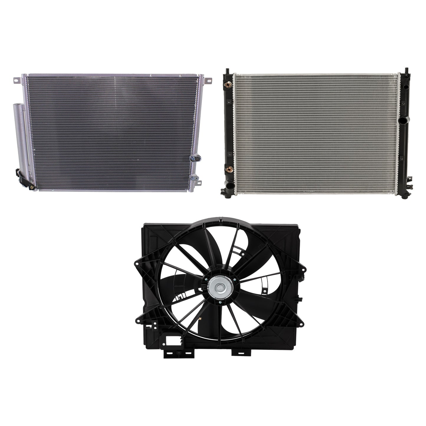 3-Piece Kit A/C Condenser, Includes (1) A/C Condenser, (1) Cooling Fan Assembly and (1) Radiator