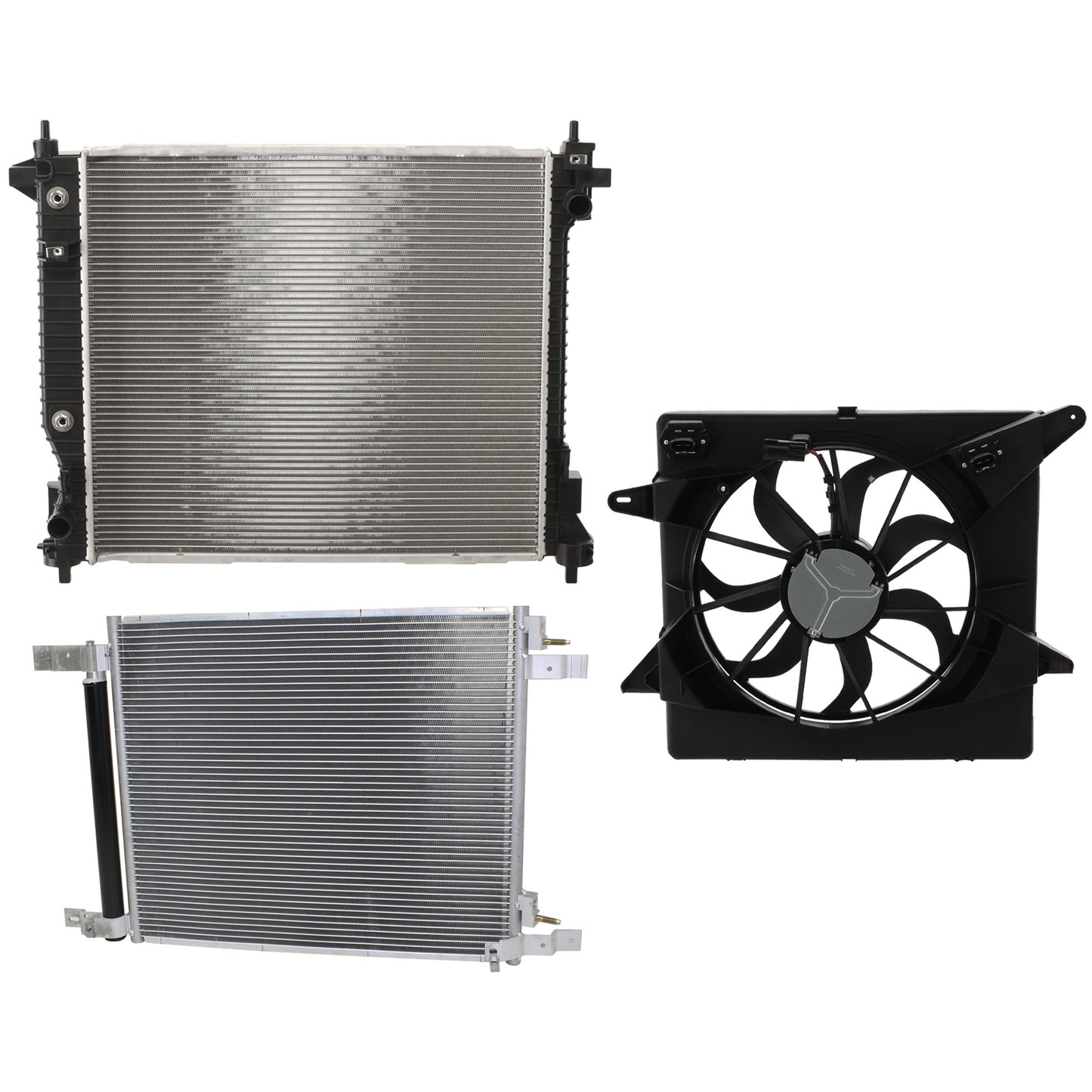 3-Piece Kit A/C Condenser, Includes (1) A/C Condenser, (1) Cooling Fan Assembly and (1) Radiator