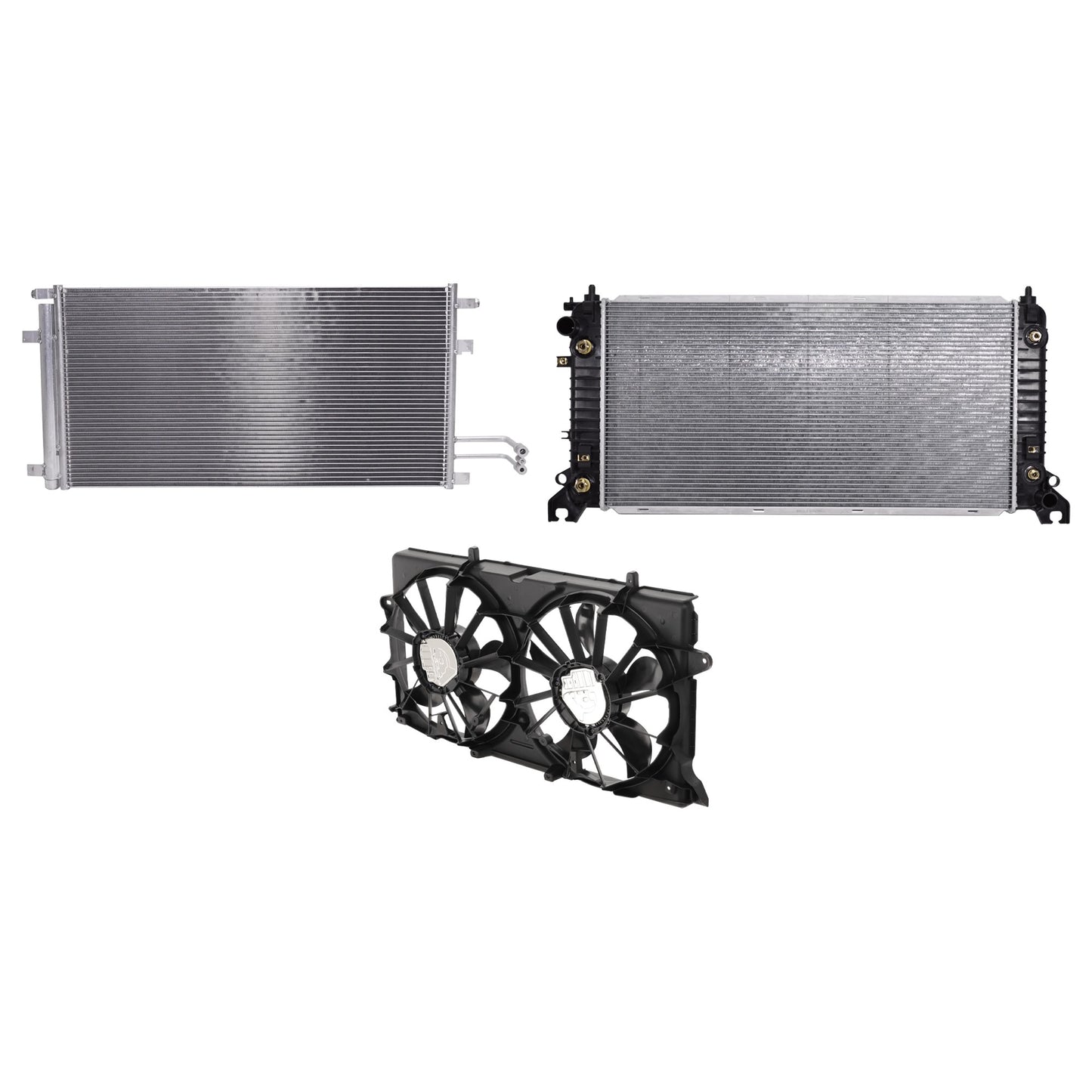 3-Piece Kit A/C Condenser, Includes (1) A/C Condenser, (1) Cooling Fan Assembly and (1) Radiator