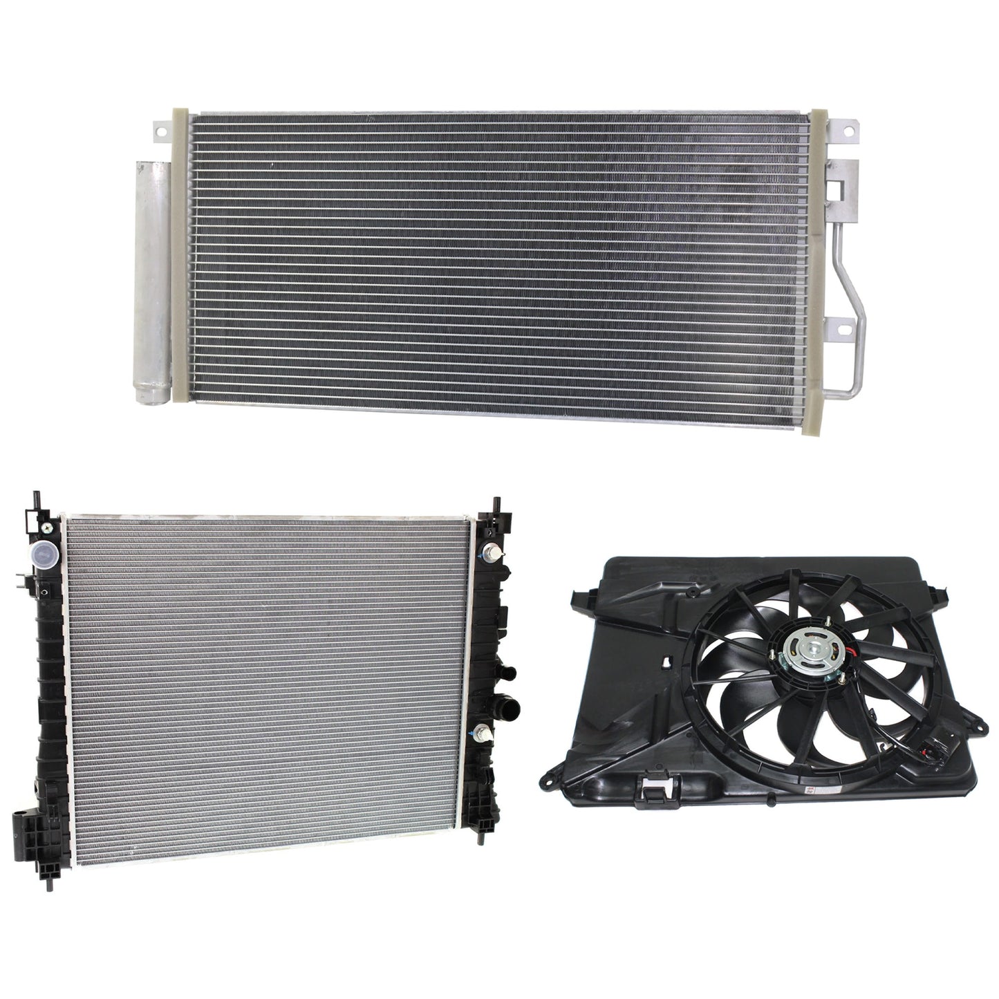3-Piece Kit A/C Condenser, 1.4L, 4Cyl, Includes (1) A/C Condenser, (1) Cooling Fan Assembly and (1) Radiator