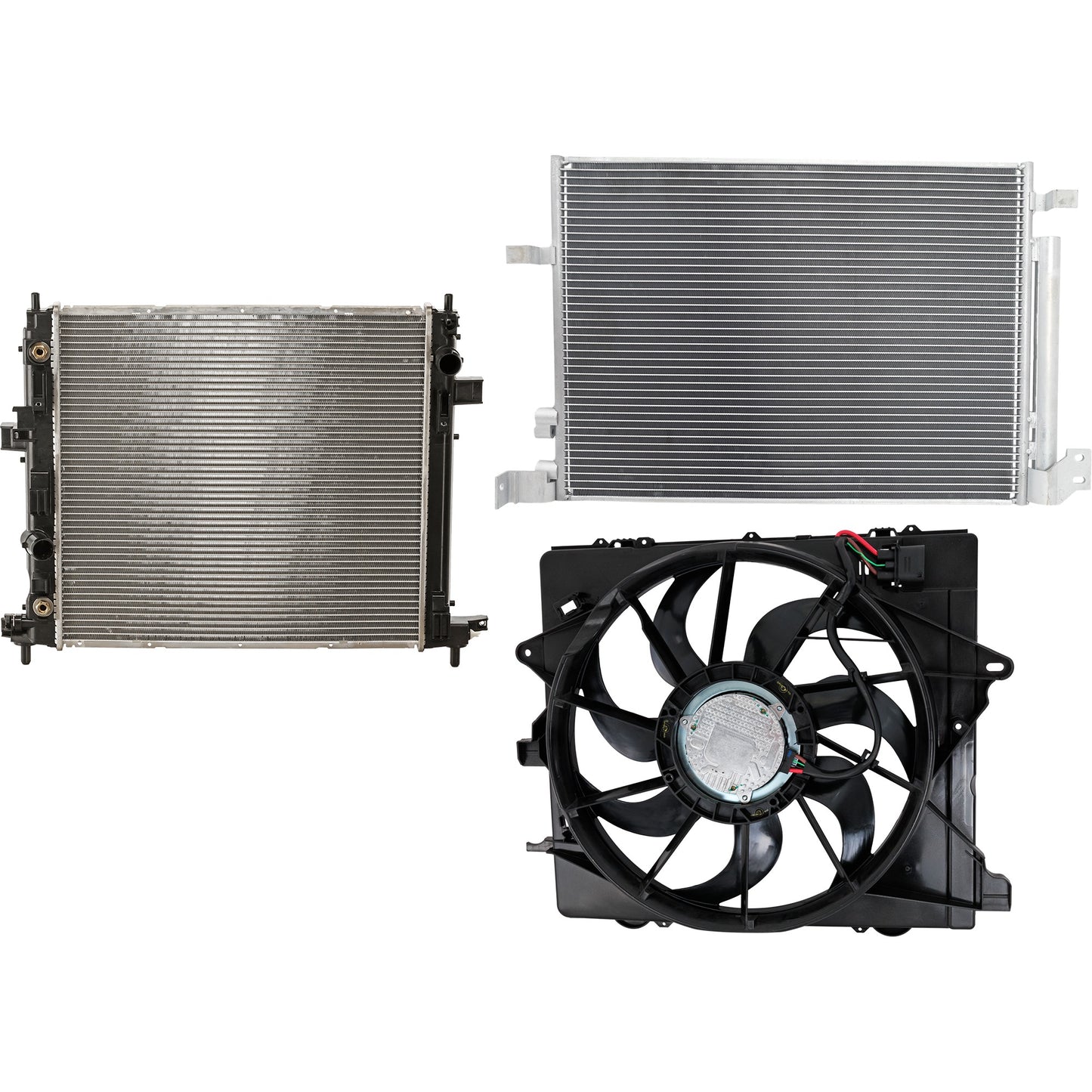 3-Piece Kit A/C Condenser, Convertible, 4 Cyl 2.0L, includes (1) A/C Condenser, (1) Cooling Fan Assembly, and (1) Radiator