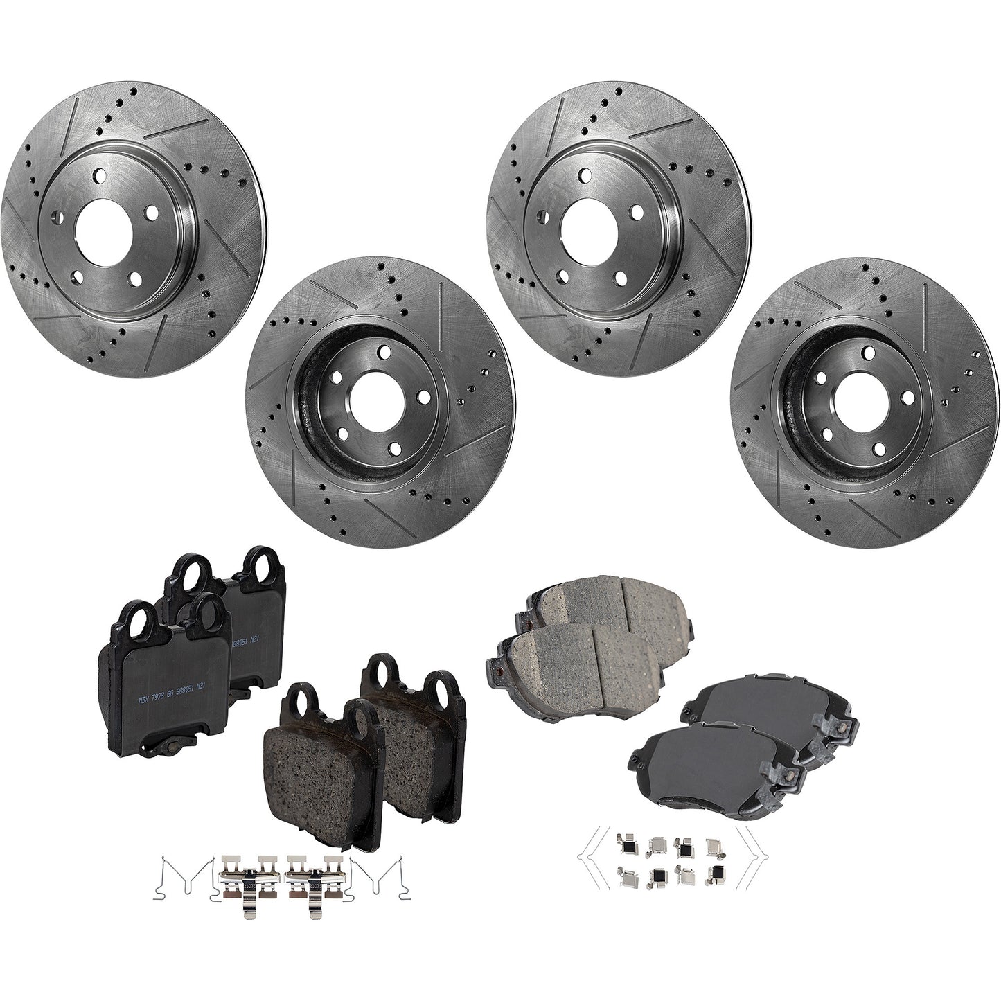 4-Wheel Set Front and Rear Brake Disc and Pad Kit, Cross-drilled and Slotted, 5 Lugs, Ceramic, Pro-Line Series