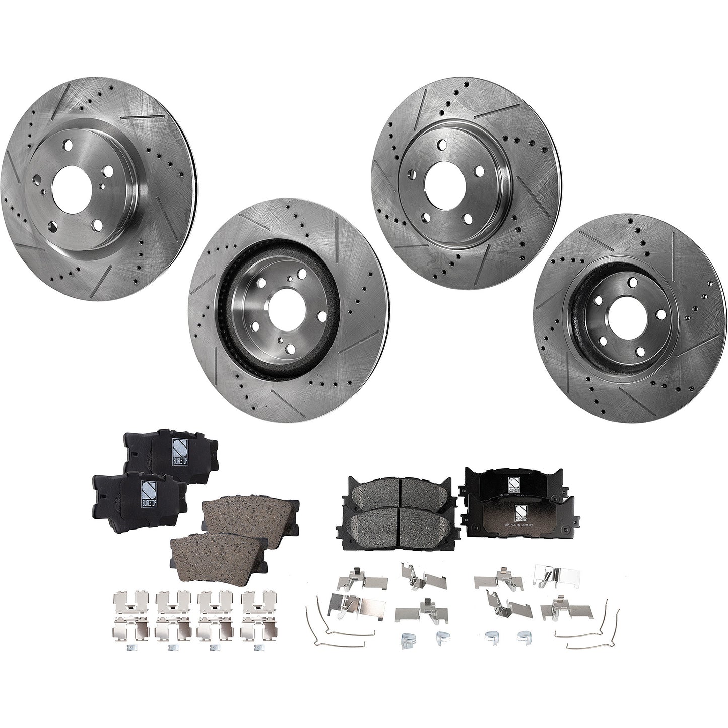 4-Wheel Set Front and Rear Brake Disc and Pad Kit, Cross-drilled and Slotted, 5 Lugs Pad Material, Pro-Line Series, Includes (4) Brake Disc and (2) Brake Pad Set