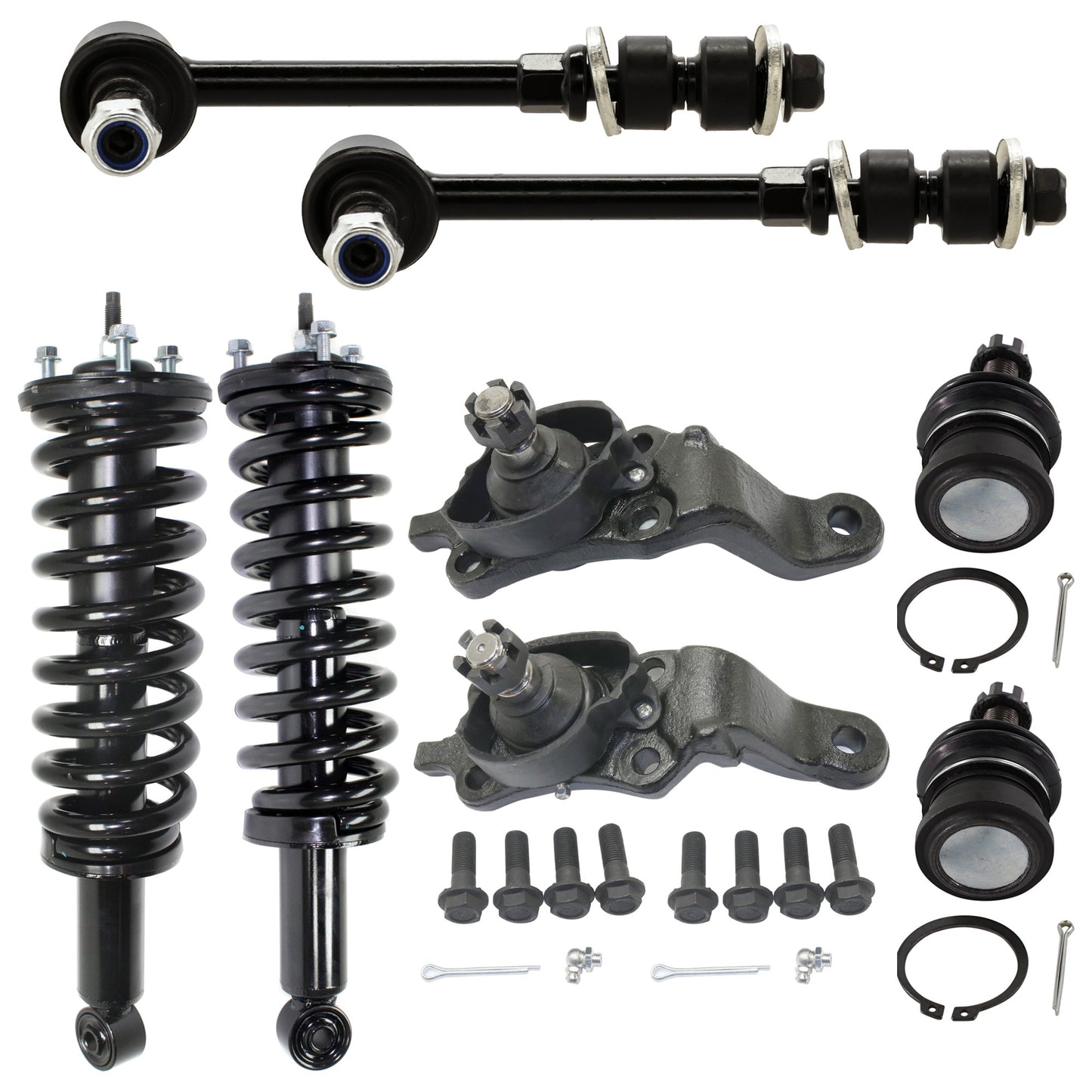 8-Piece Kit Fully Loaded Strut, Includes (4) Ball Joint, (2) Sway Bar Link and (2) Shock Absorber and Strut Assembly