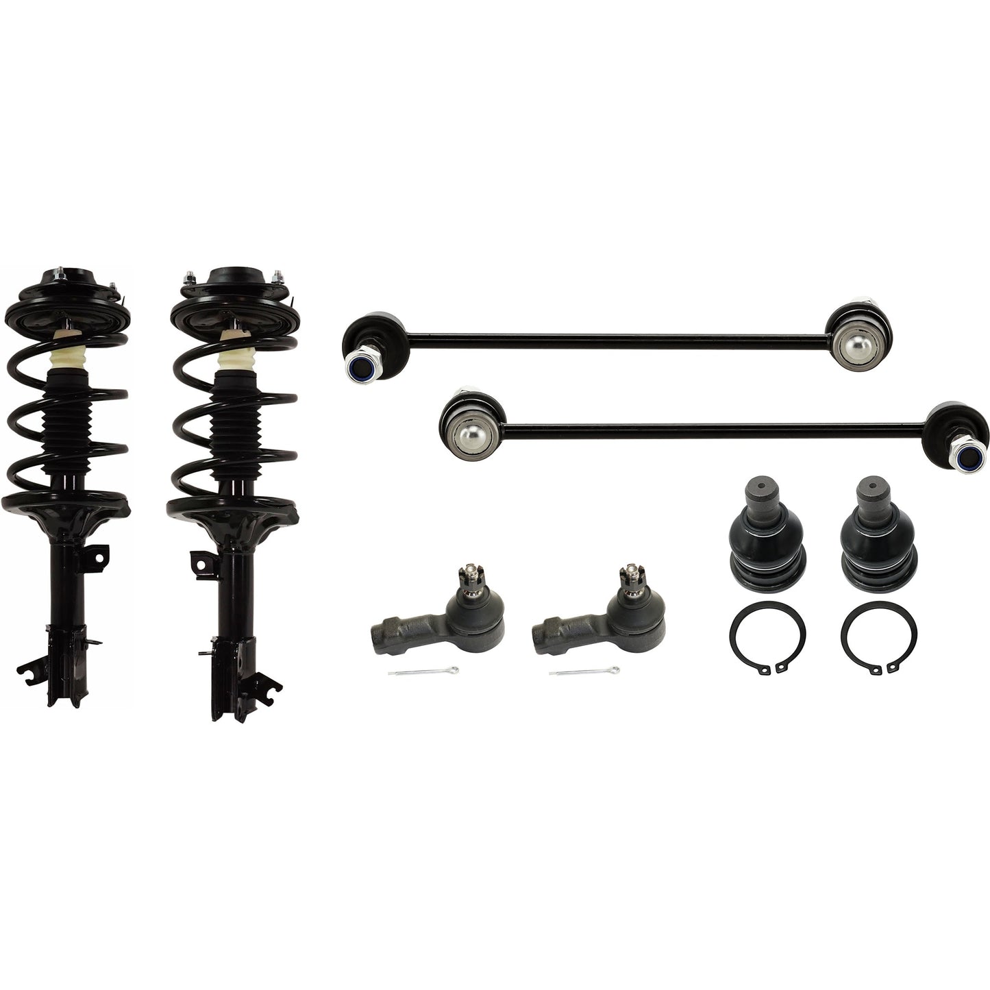 8-Piece Kit Front, Driver and Passenger Side Fully Loaded Strut, Includes (2) Shock Absorber and Strut Assembly, (2) Ball Joint, (2) Sway Bar Link and (2) Tie Rod End
