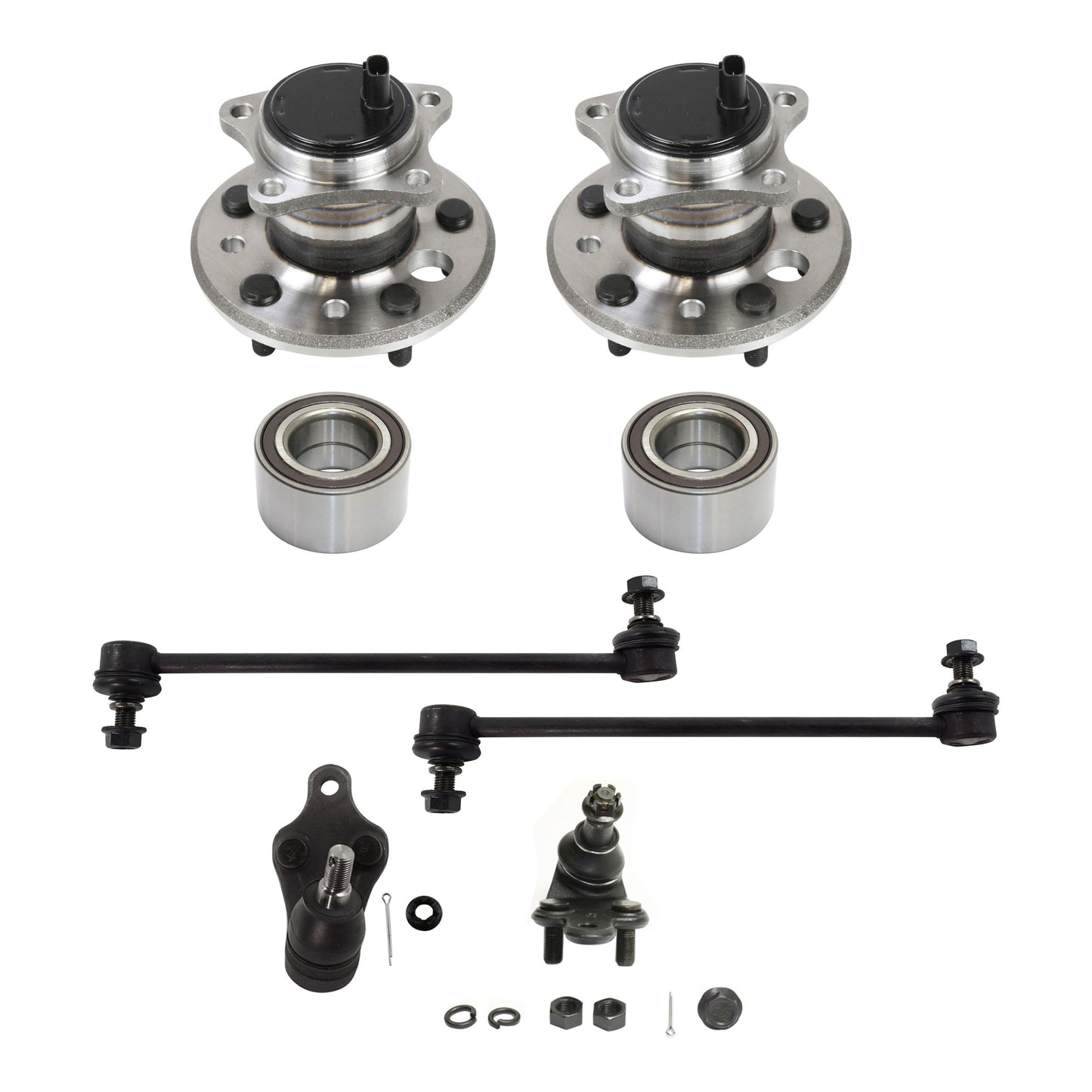 2-Wheel Set Wheel Hub, 5 Lugs, With Bearing, With Sensor, Includes (2) Ball Joint, (2) Sway Bar Link, (2) Wheel Hub and (2) Wheel Bearing