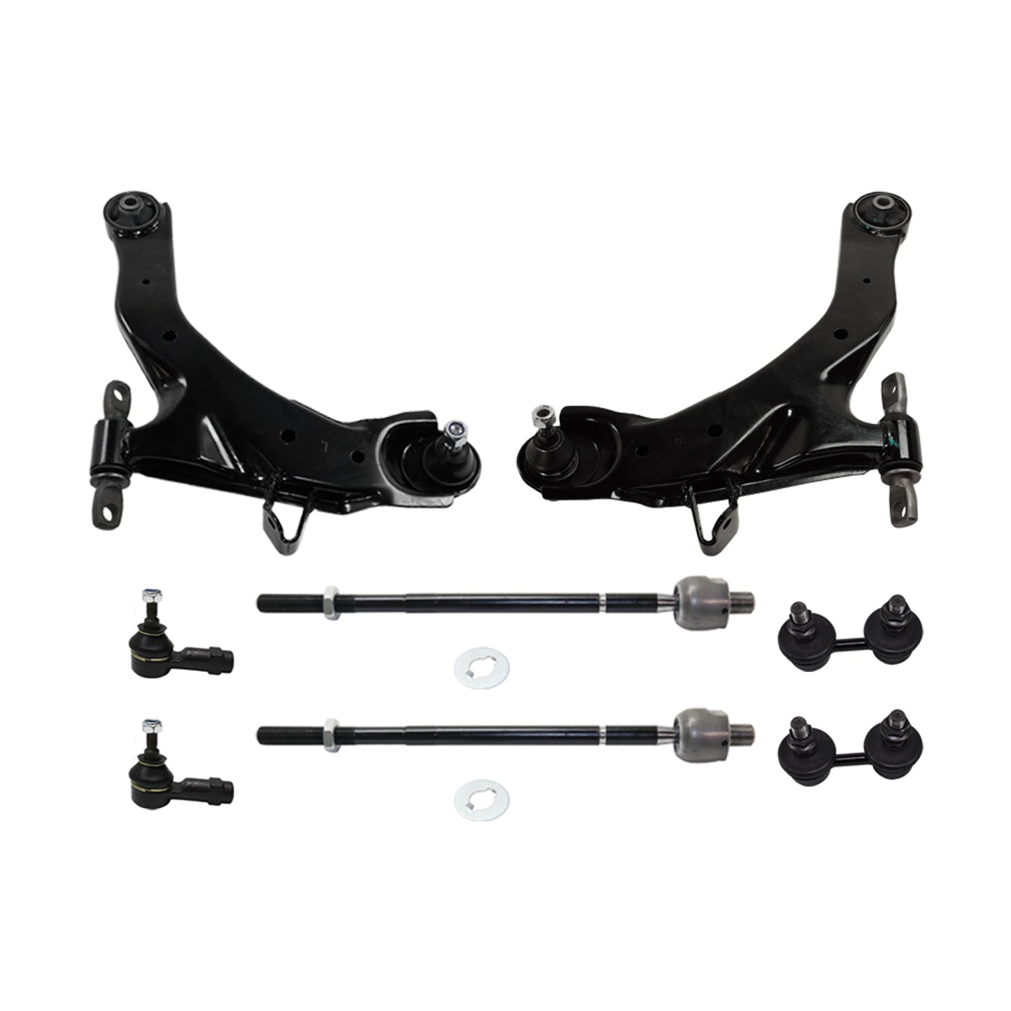 8-Piece Kit Front, Driver and Passenger Side, Lower Control Arms, Includes (2) Control Arm, (2) Sway Bar Link, and (4) Tie Rod End