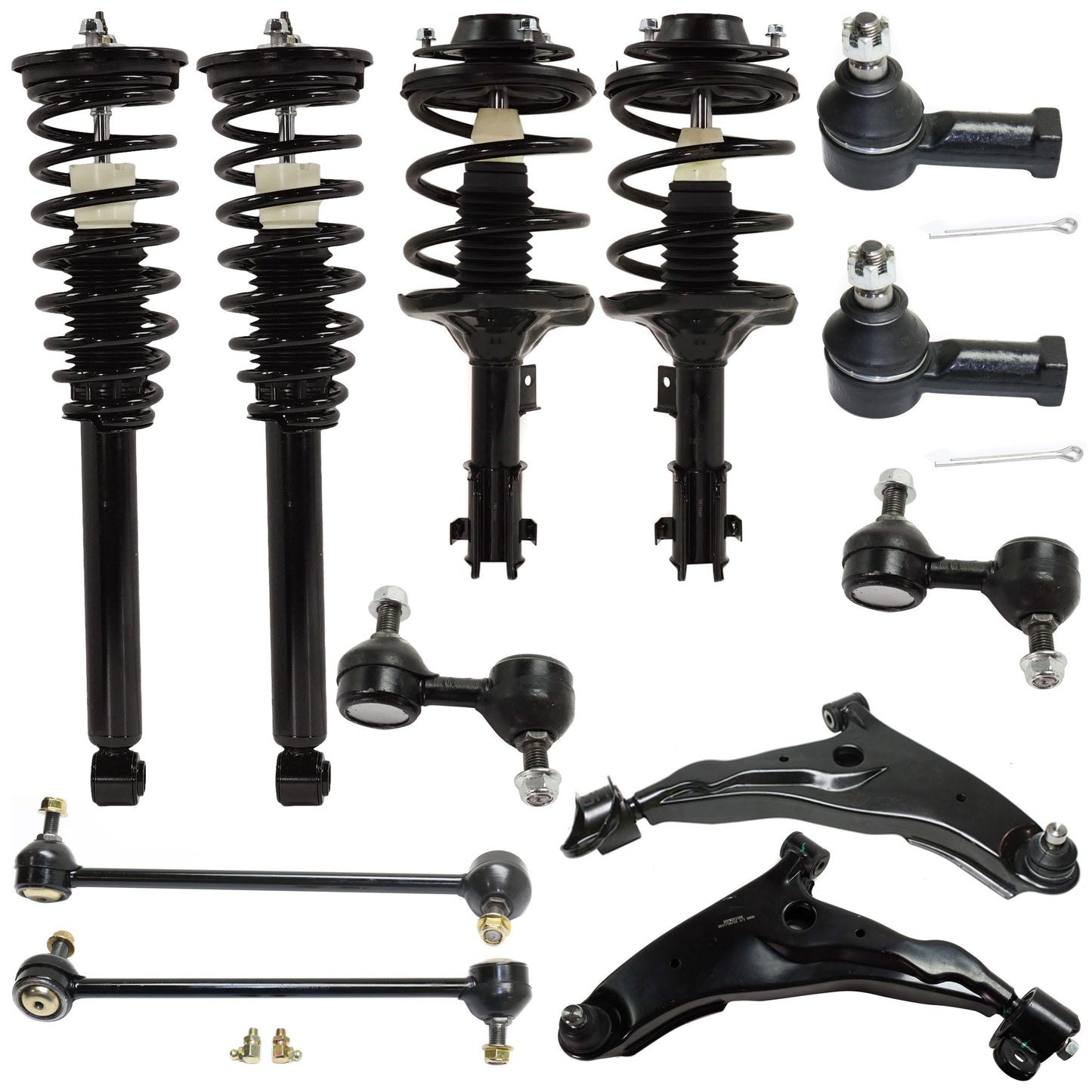 12-Piece Kit Front and Rear, Driver and Passenger Side Fully Loaded Strut, FWD, Includes (4) Shock Absorber and Strut Assembly, (2) Control Arm, (4) Sway Bar Link and (2) Tie Rod End