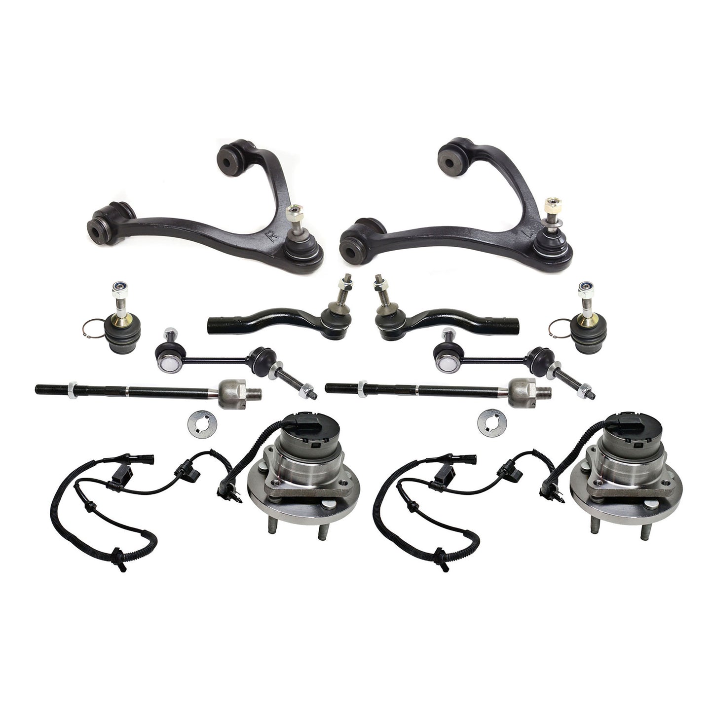 12-Piece Kit Front Suspension Kit, Includes (2) Control Arm, (2) Ball Joint, (4) Tie Rod End, (2) Sway Bar Link and (2) Wheel Hub