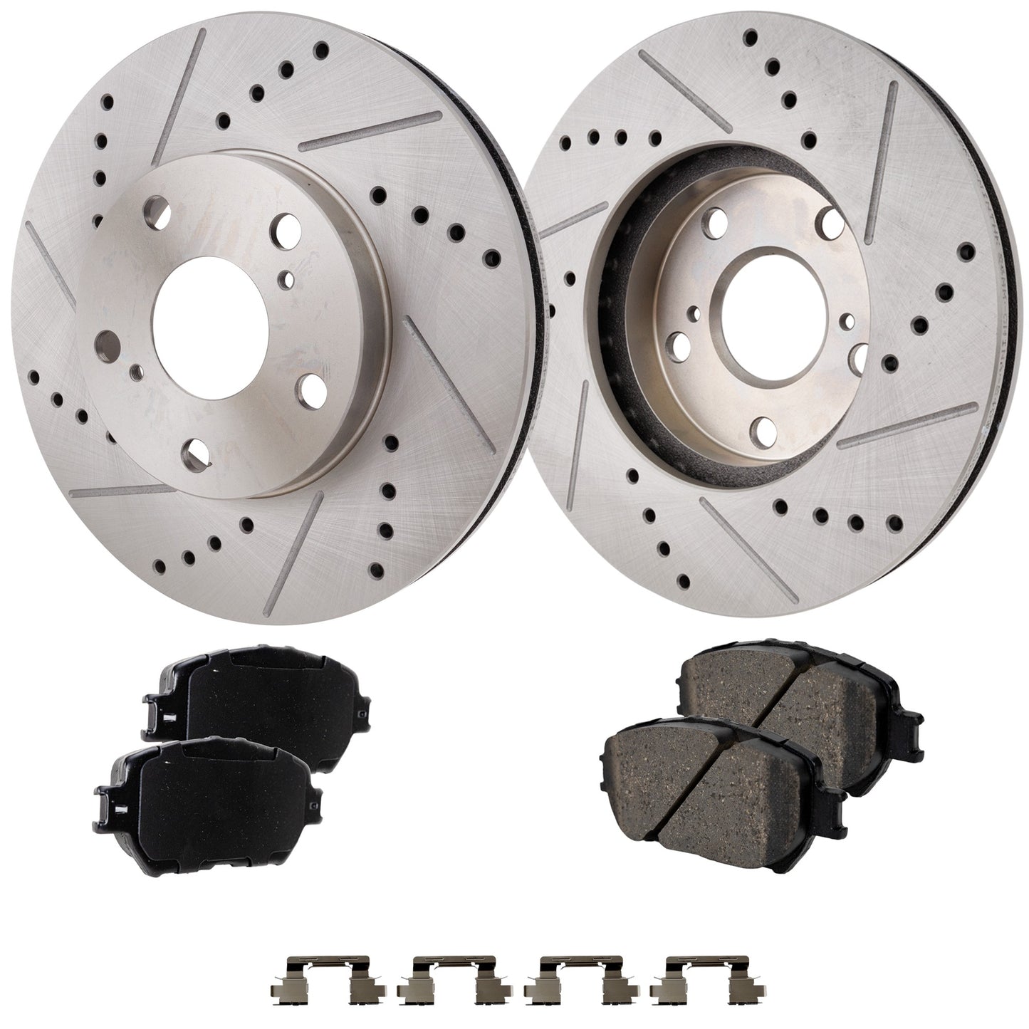 2-Wheel Set Front Brake Disc and Pad Kit, Cross-drilled and Slotted 5 Lugs 275 mm, Includes (1) Brake Pad Set and (2) Brake Disc