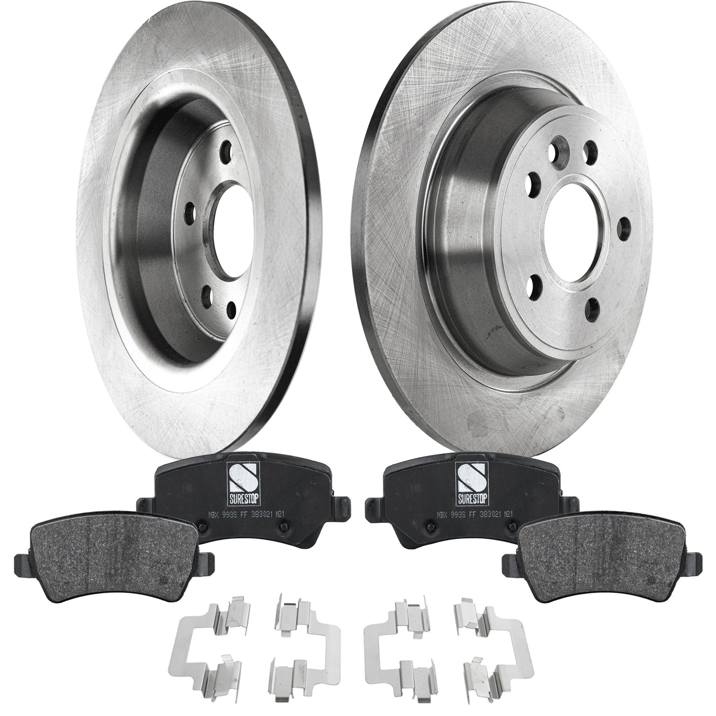 2-Wheel Set Rear Brake Disc and Pad Kit, Plain Surface 5 Lugs 302.01 mm Organic Pro-Line Series, Includes (2) Brake Disc and (1) Brake Pad Set