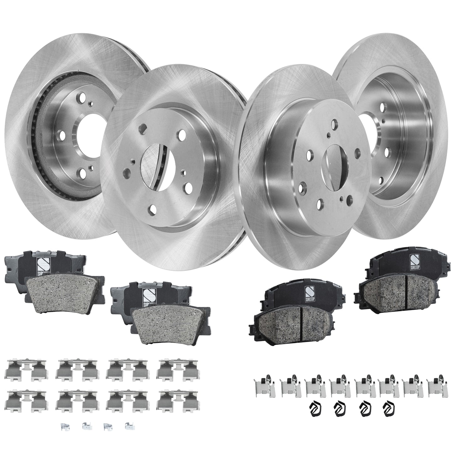 4-Wheel Set Front and Rear Brake Disc and Pad Kit, Plain Surface 5 Lugs Front-275.08 mm/Rear-280.92 mm Ceramic Pro-Line Series, Includes (2) Brake Pad Set and (4) Brake Disc