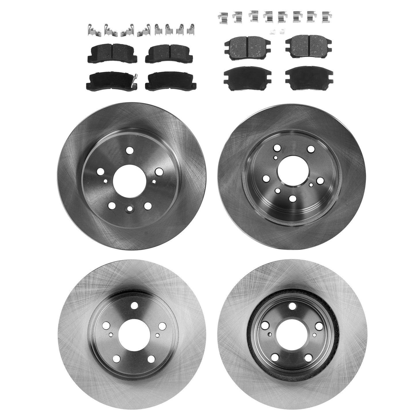 4-Wheel Set Front and Rear Brake Disc and Pad Kit, Plain Surface 5 Lugs Front-295.91 mm/Rear-288.04 mm Front-Organic/Rear-Ceramic FWD Pro-Line Series, Includes (4) Brake Disc and (2) Brake Pad Set