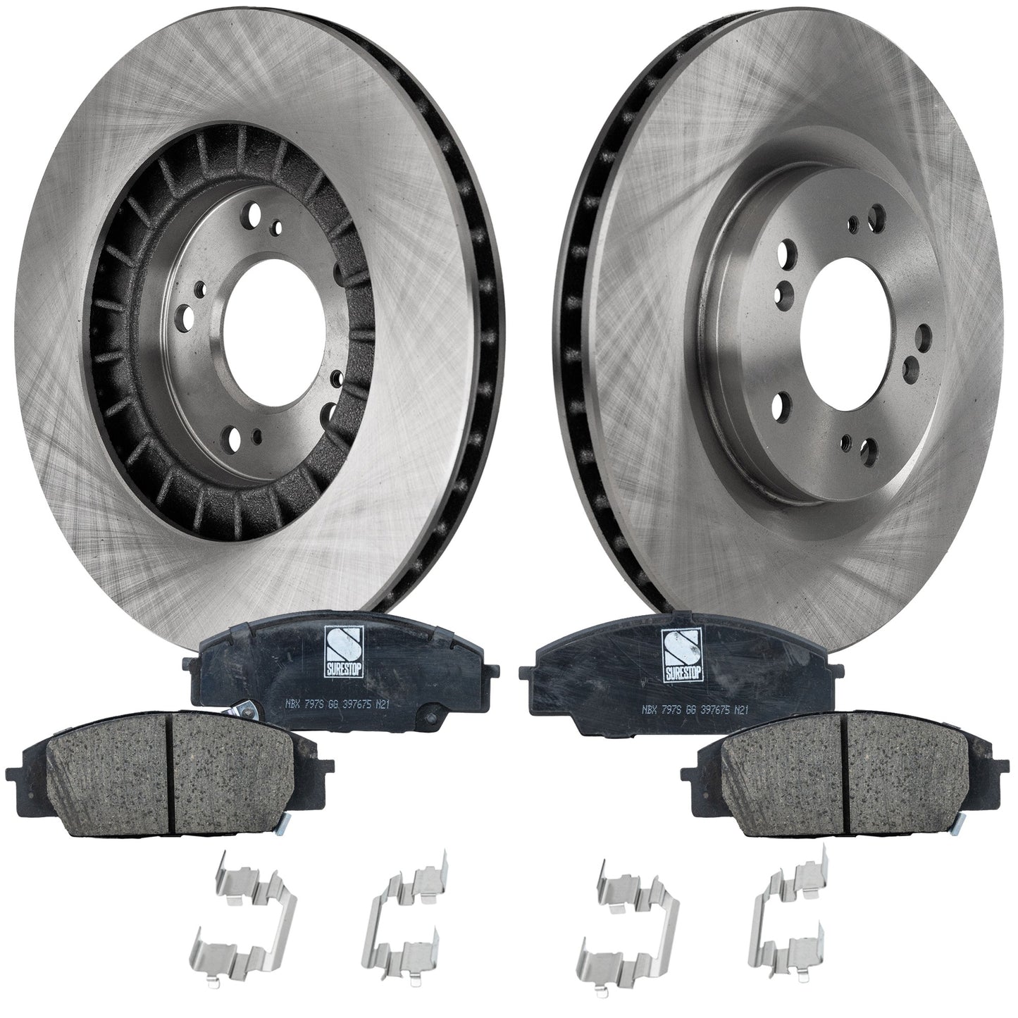 Комплект из 2 передних тормозных дисков и колодок, гладкая поверхность, 5 болтов, 299,72 мм, керамические, серия Pro-Line, включает в себя (2) тормозных диска и (1) комплект тормозных колодок