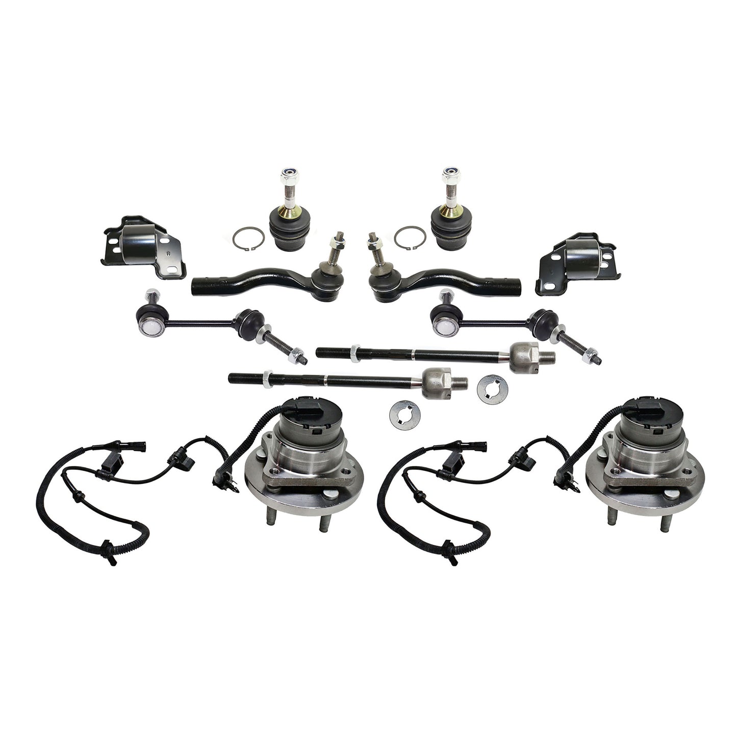 12-Piece Kit Front, Driver and Passenger Side Suspension Kit, Includes (2) Sway Bar Link, (2) Control Arm Bushing, (2) Ball Joint, (4) Tie Rod End and (2) Wheel Hub