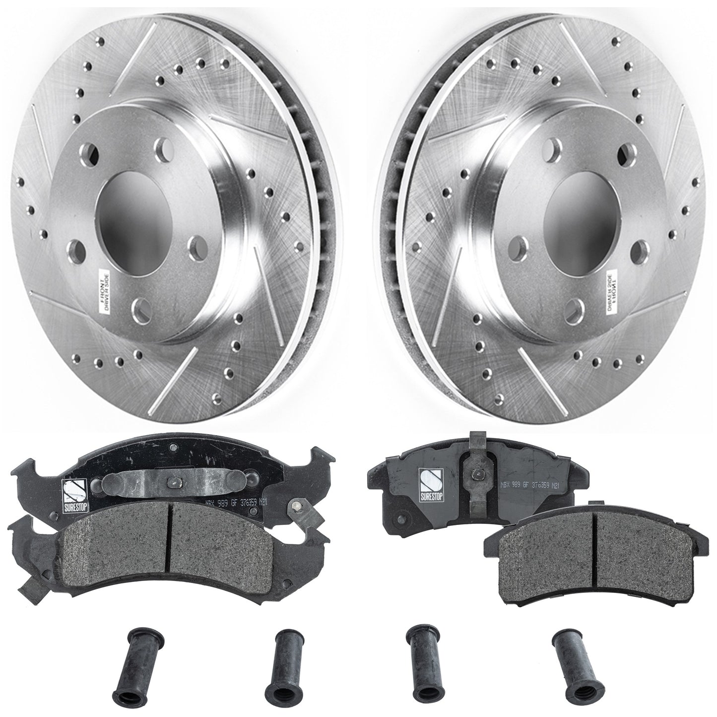 2-Wheel Set Front Brake Disc and Pad Kit, Cross-drilled and Slotted 5 Lugs 277.88 mm Semi-metallic Pro-Line Series, Includes (1) Brake Disc and (1) Brake Pad Set