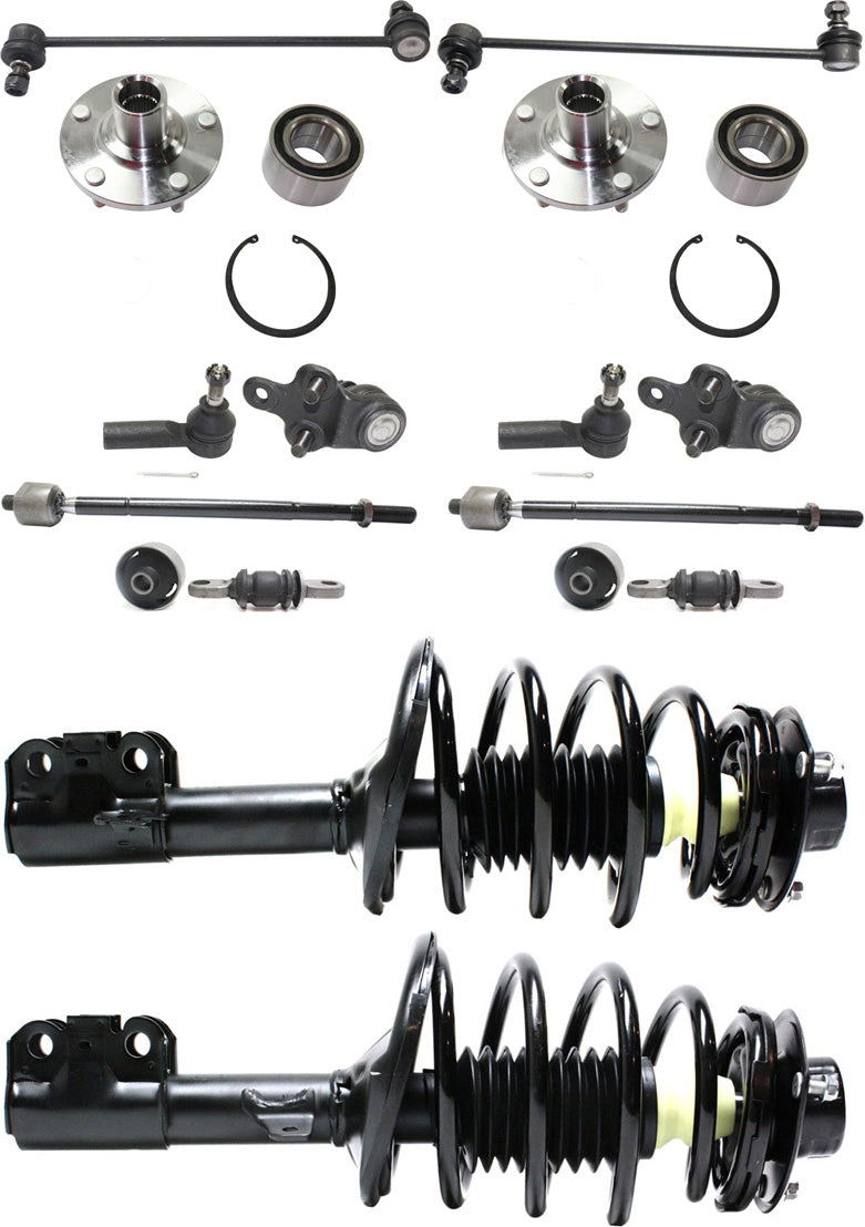 14-Piece Kit FrontDriver and Passenger Side Suspension Kit Includes (2) Control Arm Bushing, (2) Ball Joint, (2) Sway Bar Link, (4) Tie Rod End, (2) Wheel Hub and (2) Shock Absorber and Strut Assembly